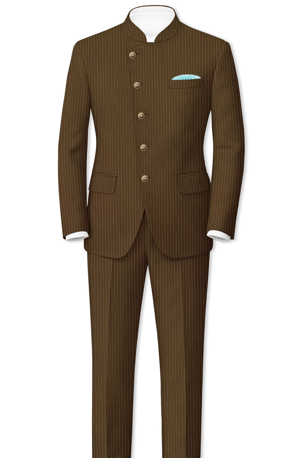 Sable-Antique Brown Chalk Striped Wool Rich Wrinkle-Free Fluid Drape Fabric Cross Bandhgala Blazer