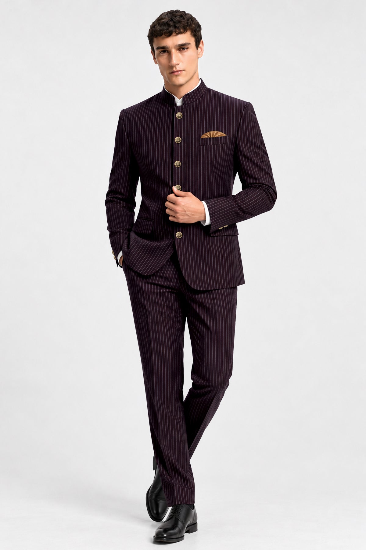 Vesper-Gondola Maroon Chalk Striped Wool Rich Wrinkle-Free Fluid Drape Fabric Bandhgala Blazer