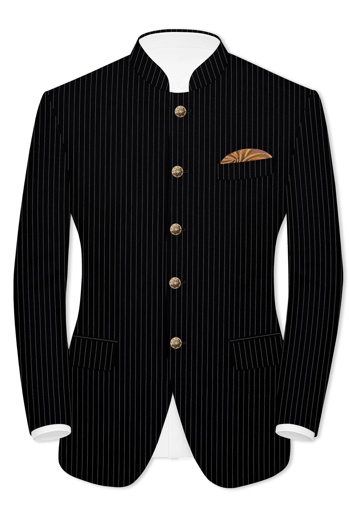 Noble-Jade Black Chalk Striped Wool Rich Wrinkle-Free Fluid Drape Fabric Bandhgala Blazer