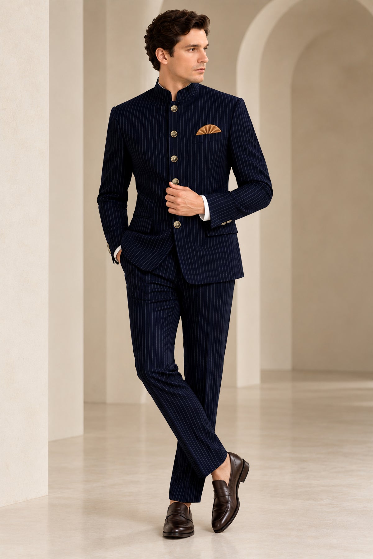 Windsor-Navy Blue Chalk Striped Wool Rich Wrinkle-Free Fluid Drape Fabric Bandhgala Blazer