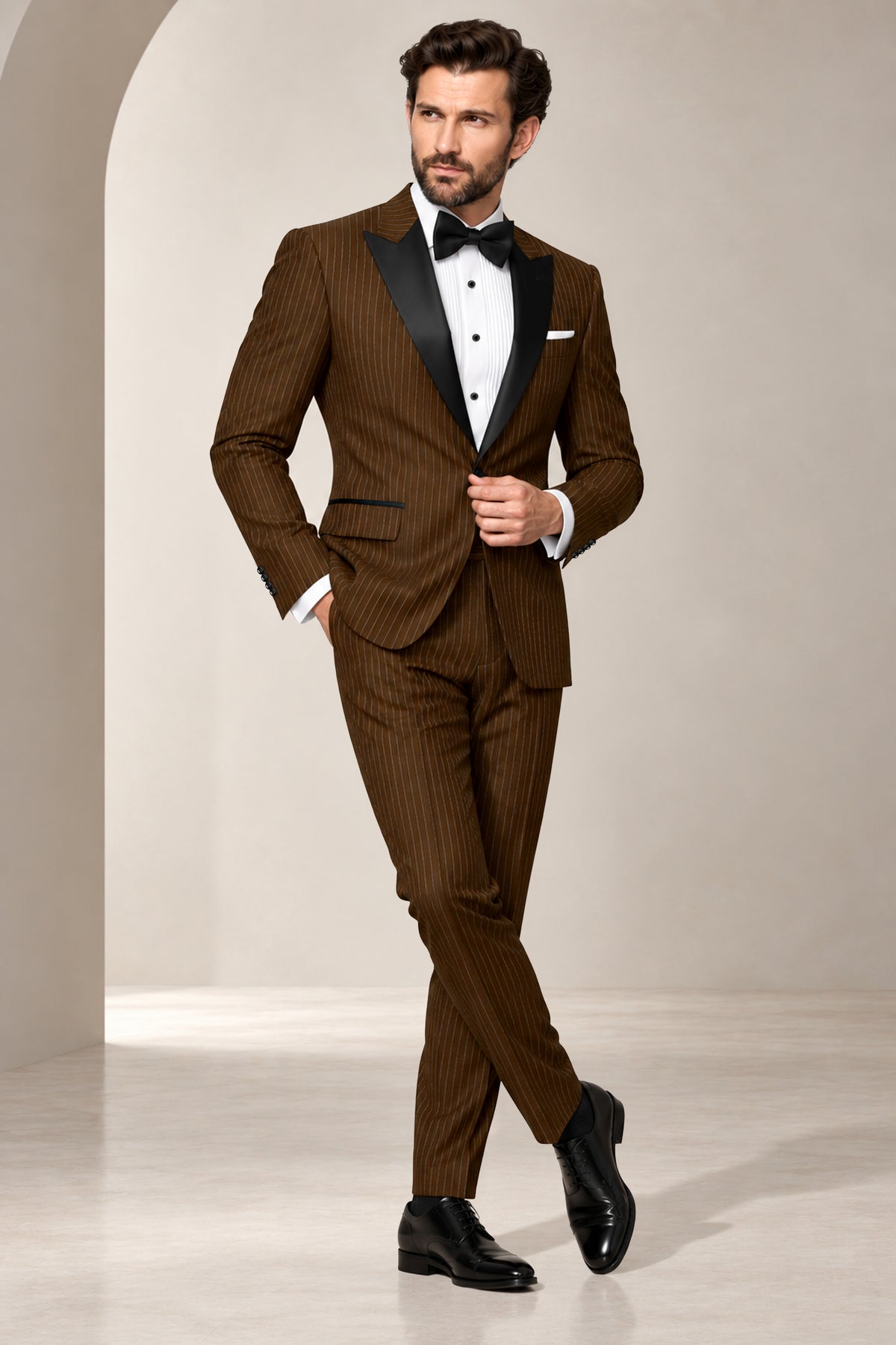 Everton-Clinker Brown Chalk Striped Wool Rich Wrinkle-Free Fluid Drape Fabric Peak Lapel Tuxedo Blazer