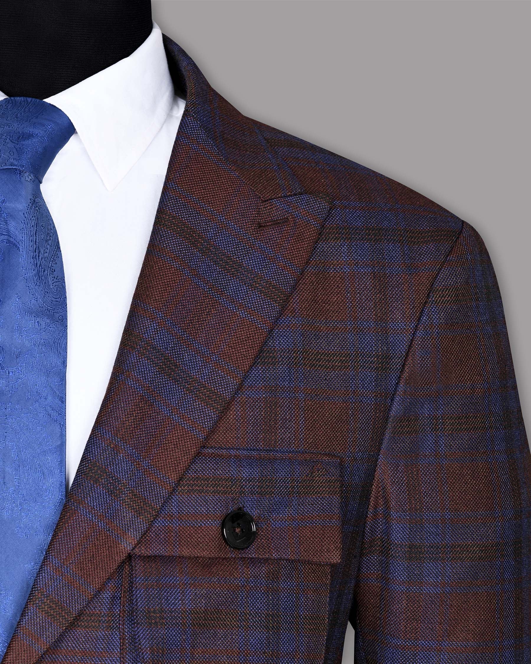 Maroon with Royal Blue Plaid Wool Tweed Blazer
