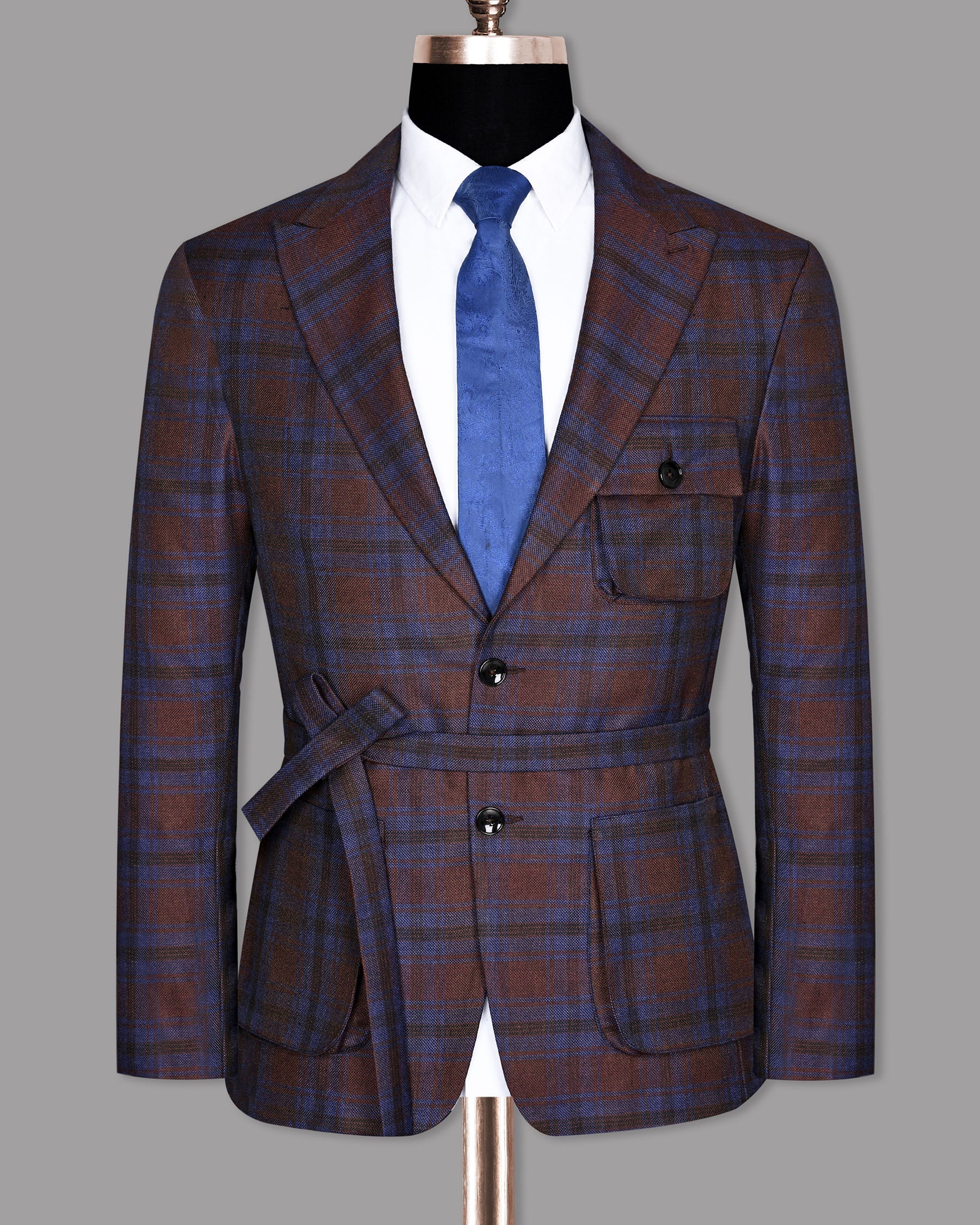 Maroon with Royal Blue Plaid Wool Tweed Blazer