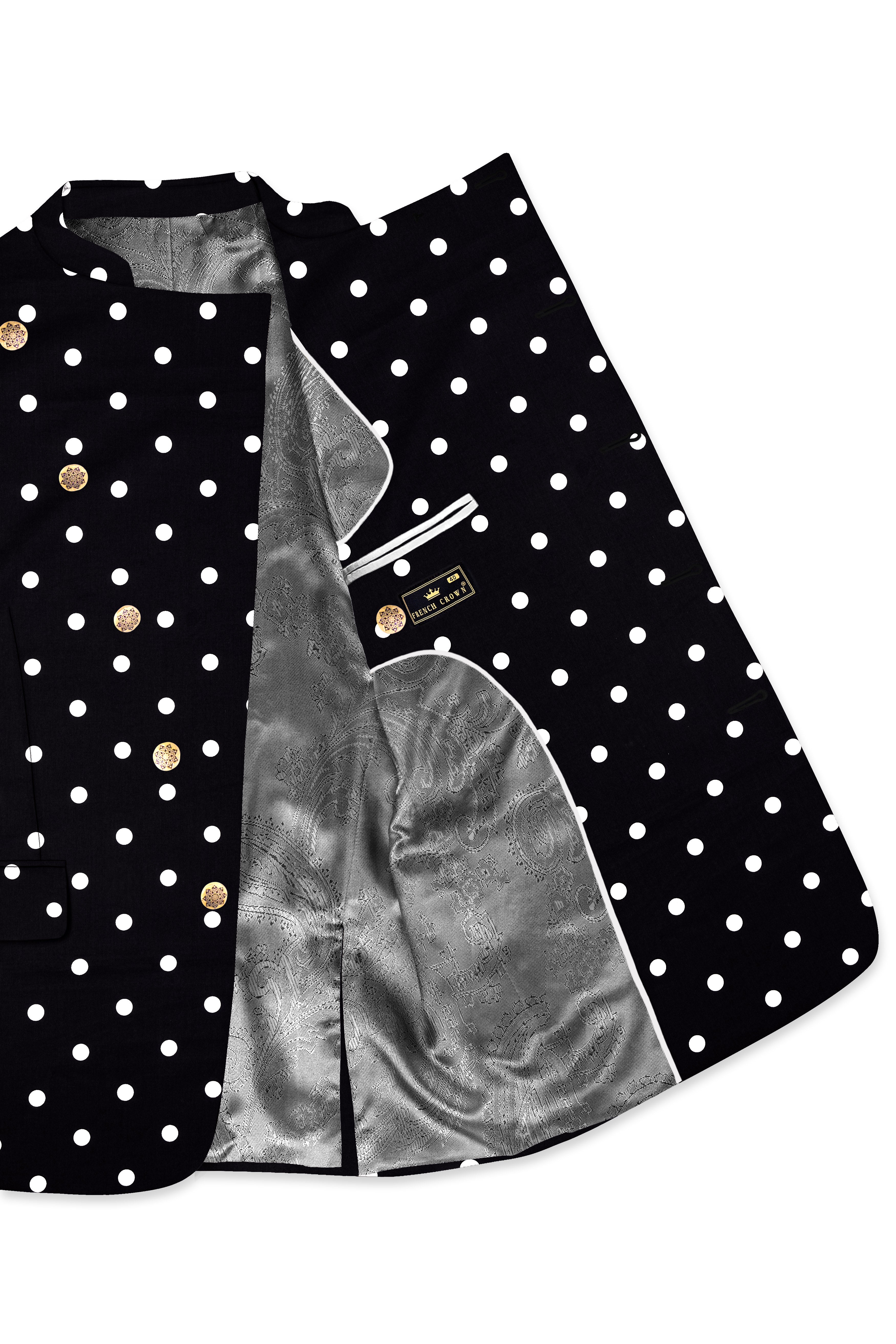 Jade Black Polka Print Cross Placket Bandhgala/Mandarin Blazer