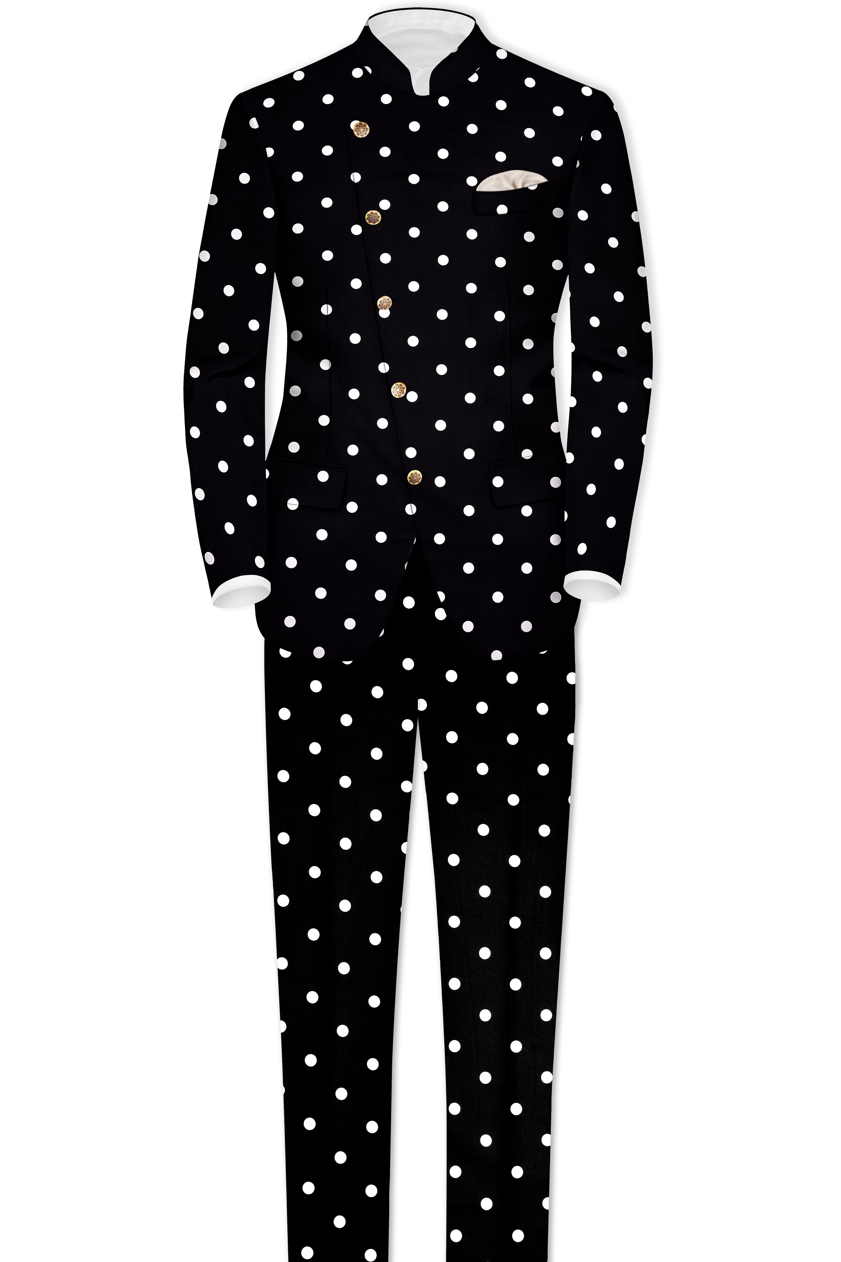 Jade Black Polka Print Cross Placket Bandhgala/Mandarin Blazer