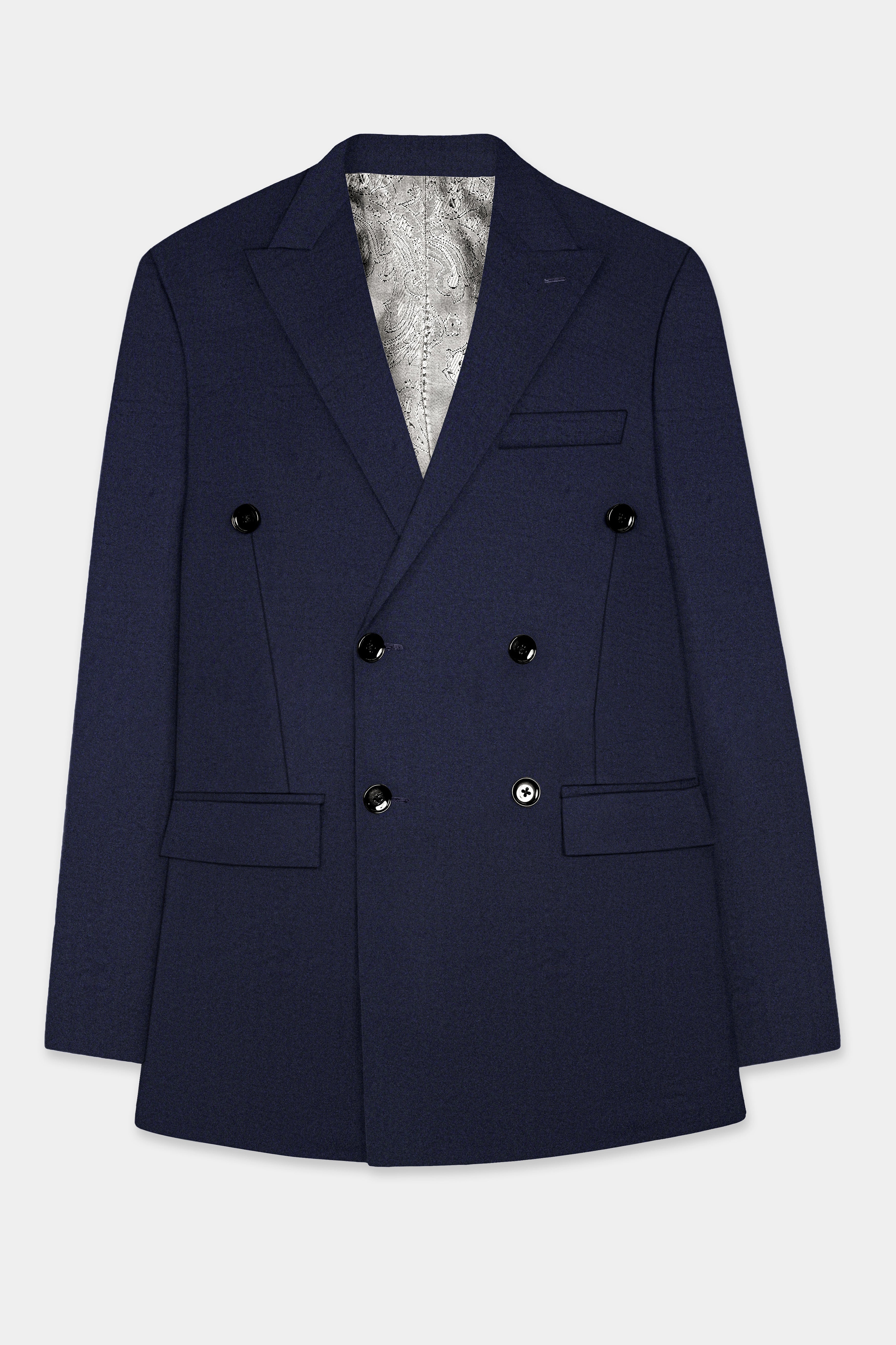 Blue Subtle Textured Wool Rich Double Breasted Blazer