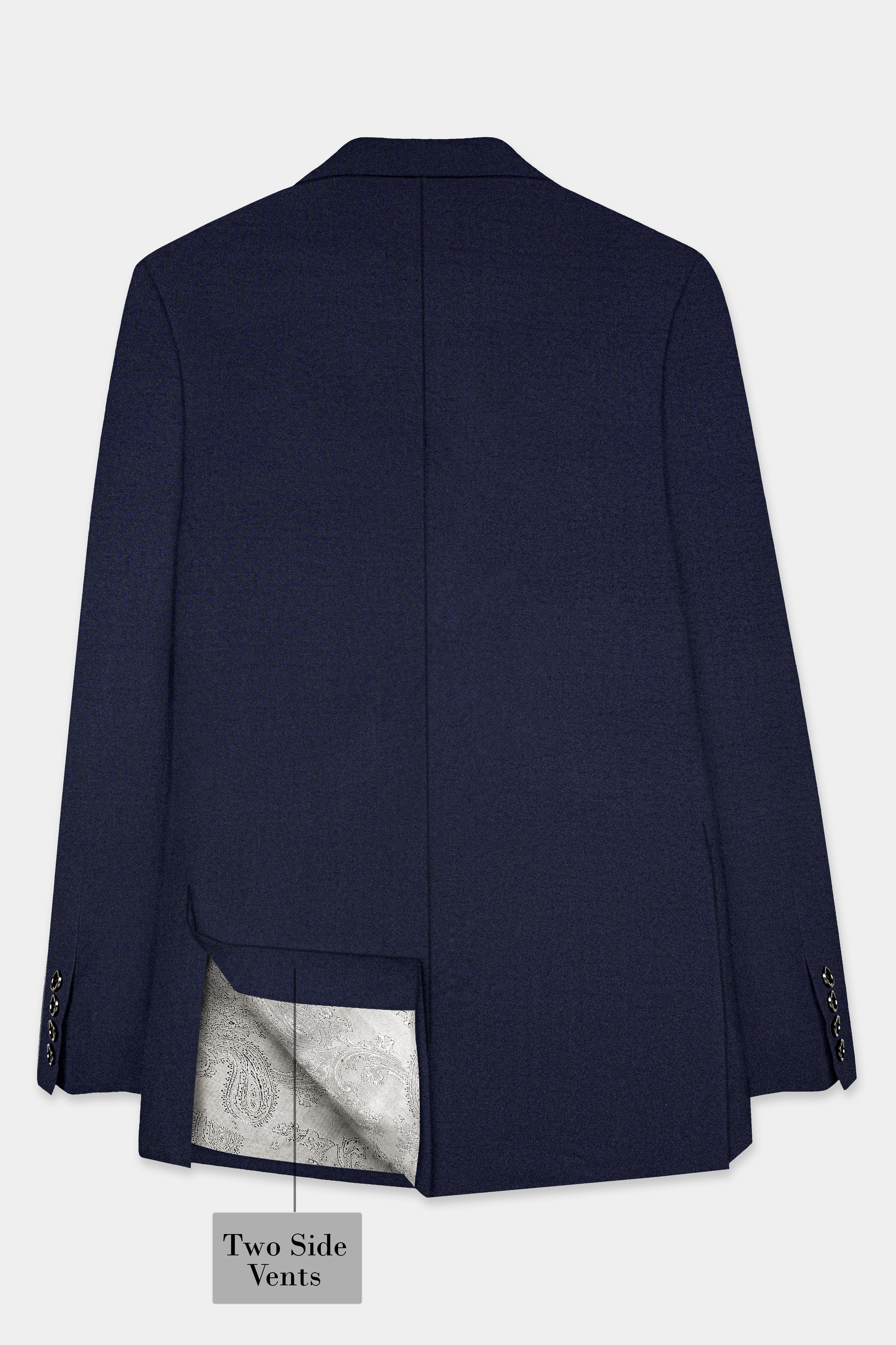 Blue Subtle Textured Wool Rich Double Breasted Blazer