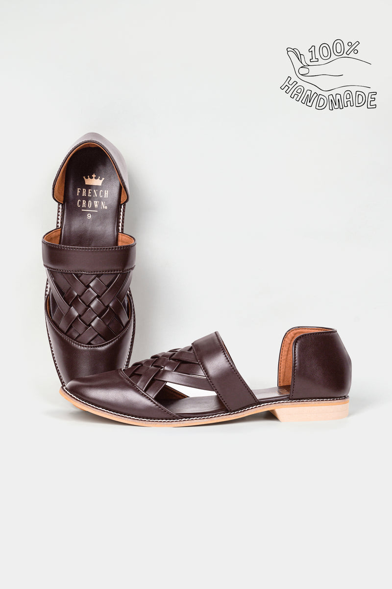 Dark Brown Criss Cross Vegan Leather Hand Stitched Pathani Sandal