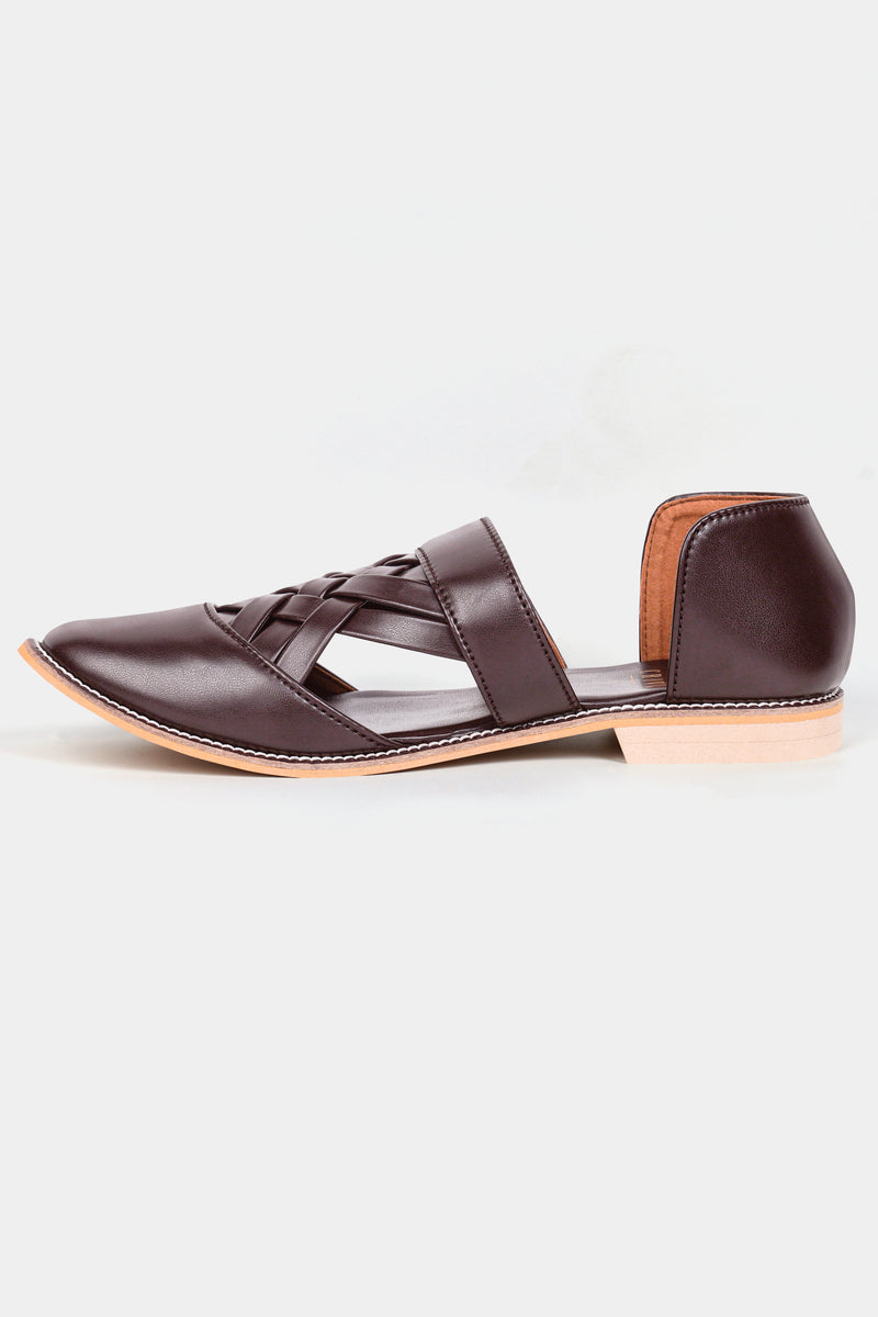 Dark Brown Criss Cross Vegan Leather Hand Stitched Pathani Sandal
