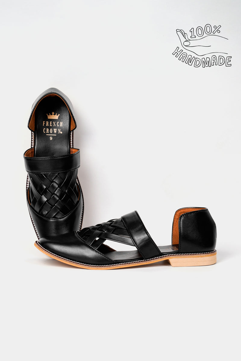 Jade Black Criss Cross Vegan Leather Hand Stitched Pathani Sandal
