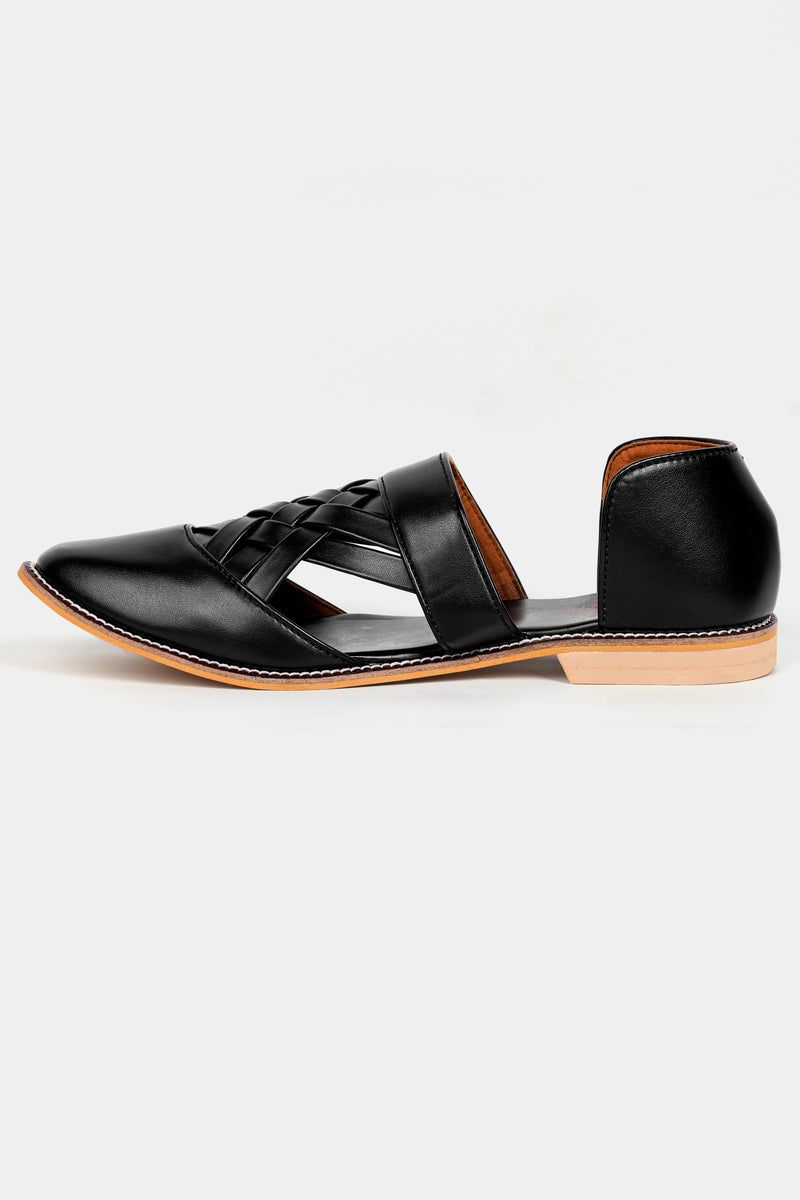 Jade Black Criss Cross Vegan Leather Hand Stitched Pathani Sandal