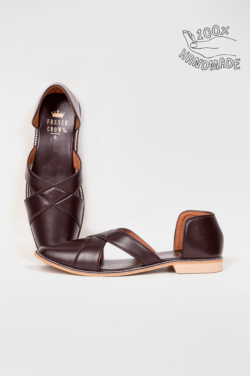 Dark Brown Classic Criss Cross Vegan Leather Hand Stitched Pathani Sandal