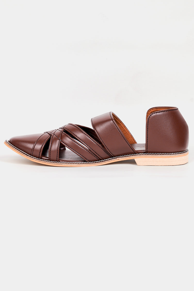 Brown Criss Cross Vegan Leather Hand Stitched Pathani Sandal