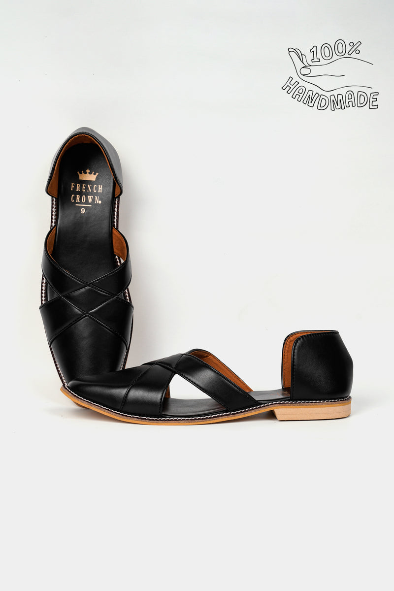 Jade Black Classic Criss Cross Vegan Leather Hand Stitched Pathani Sandal