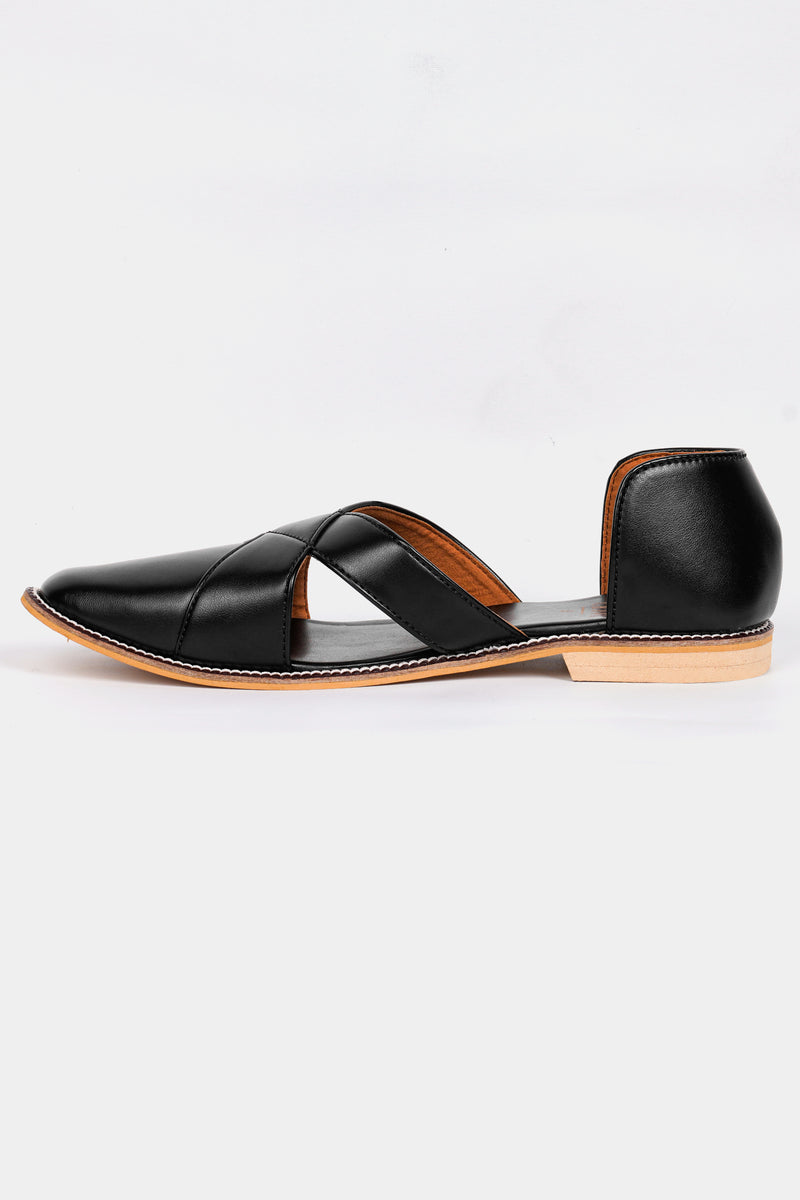 Jade Black Classic Criss Cross Vegan Leather Hand Stitched Pathani Sandal