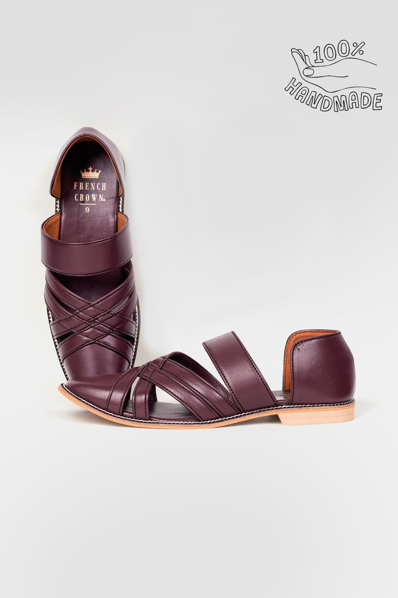 Wine Classic Criss Cross Vegan Leather Hand Stitched Pathani Sandal