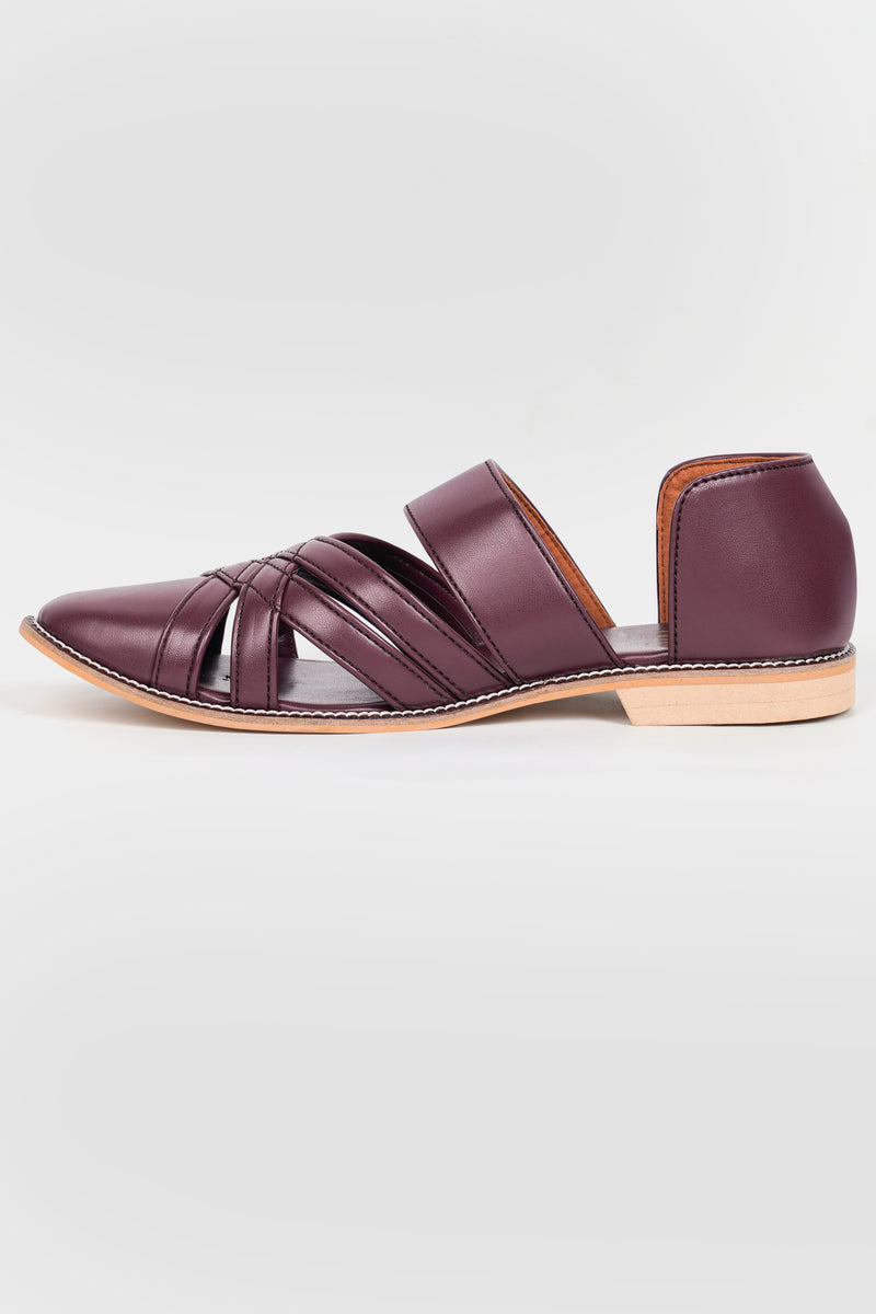 Wine Classic Criss Cross Vegan Leather Hand Stitched Pathani Sandal