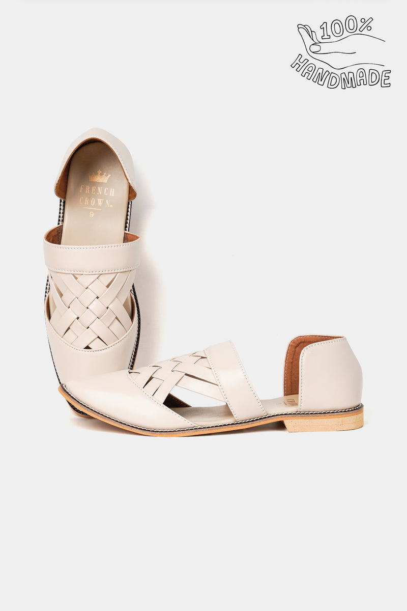 Cream Criss Cross Vegan Leather Hand Stitched Pathani Sandal