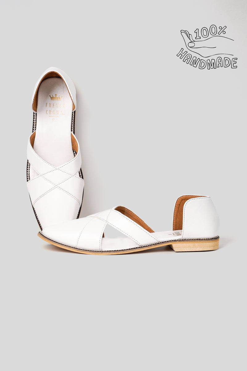 Bright White Classic Criss Cross Vegan Leather Hand Stitched Pathani Sandal