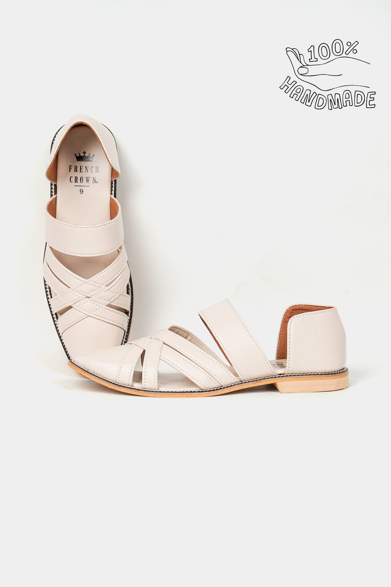 Beige Classic Criss Cross Vegan Leather Hand Stitched Pathani Sandal