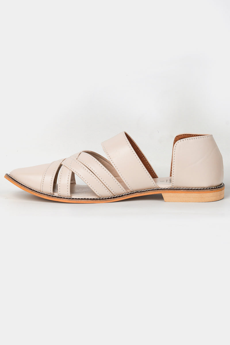 Beige Classic Criss Cross Vegan Leather Hand Stitched Pathani Sandal