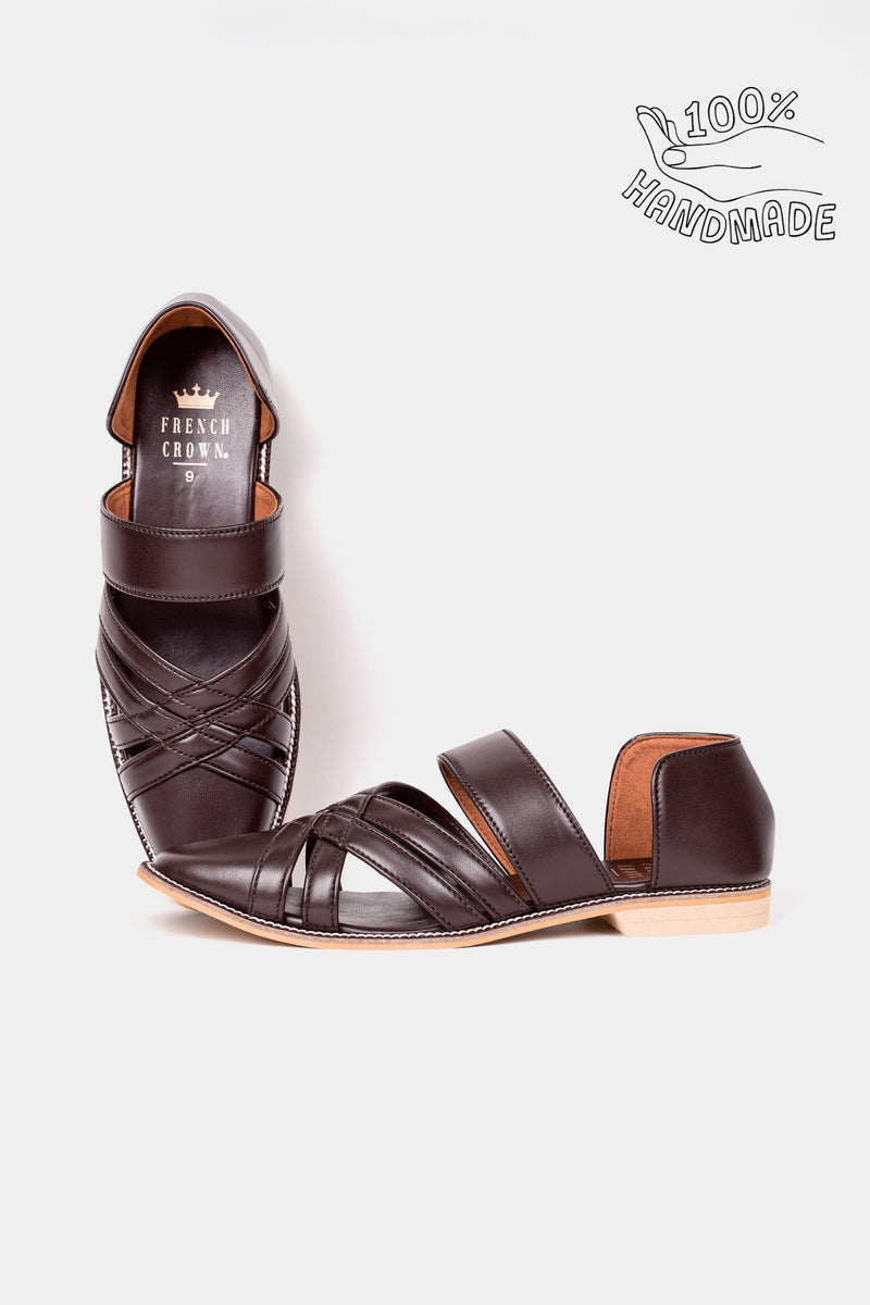 Dark Brown Criss Cross Vegan Leather Hand Stitched Pathani Sandal