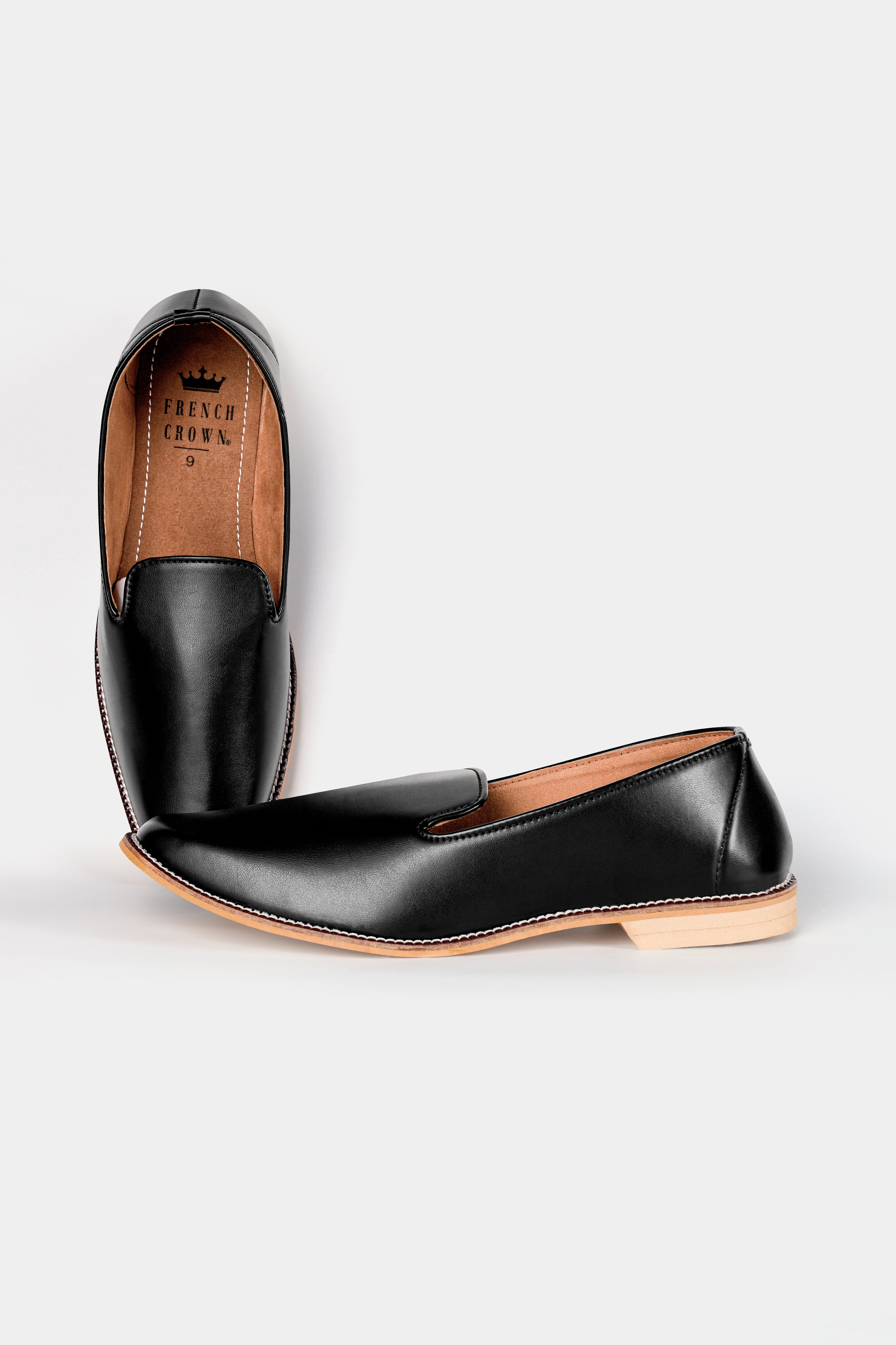 Jade Black Vegan Leather Hand Stitched Mojri Slip-On Shoes FT148-6, FT148-7, FT148-8, FT148-9, FT148-10, FT148-11