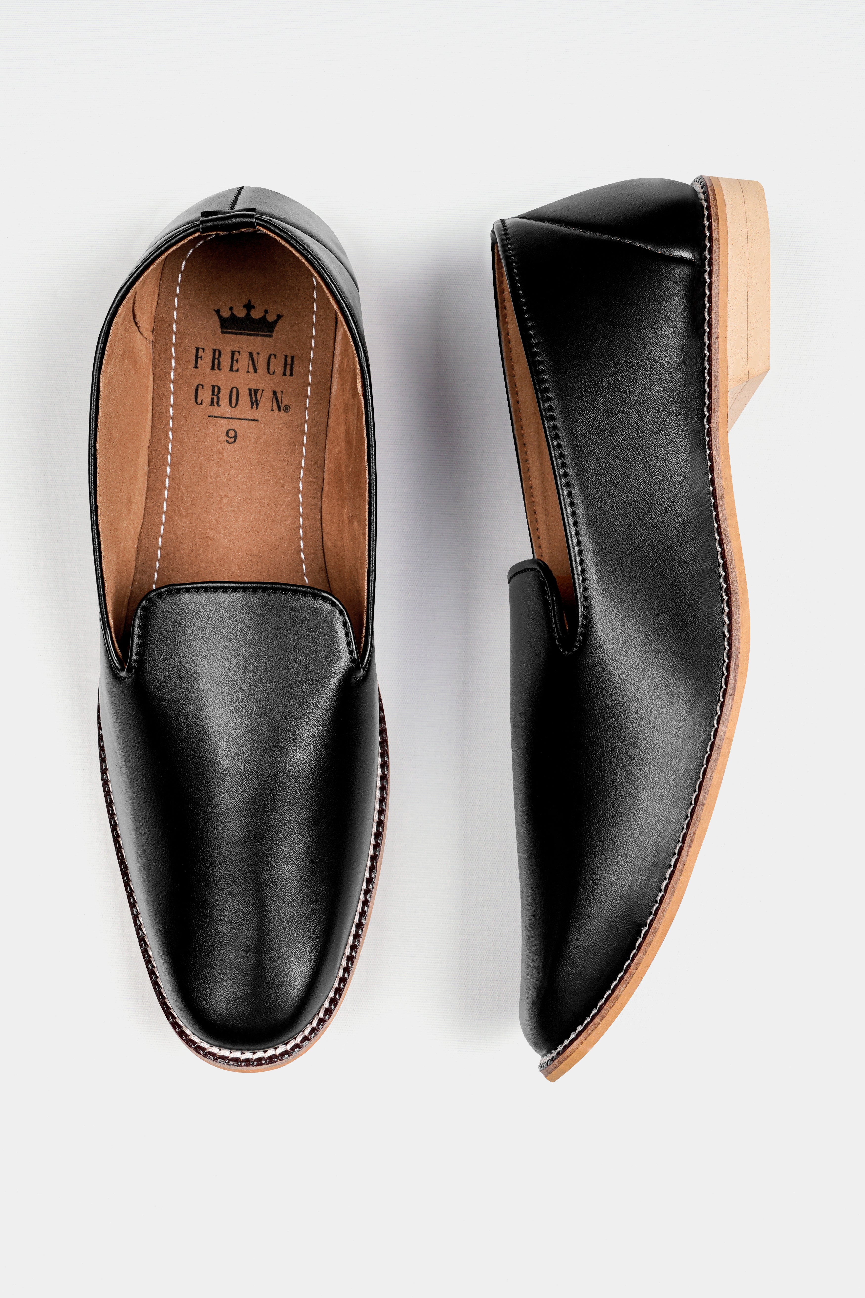 Jade Black Vegan Leather Hand Stitched Mojri Slip-On Shoes FT148-6, FT148-7, FT148-8, FT148-9, FT148-10, FT148-11