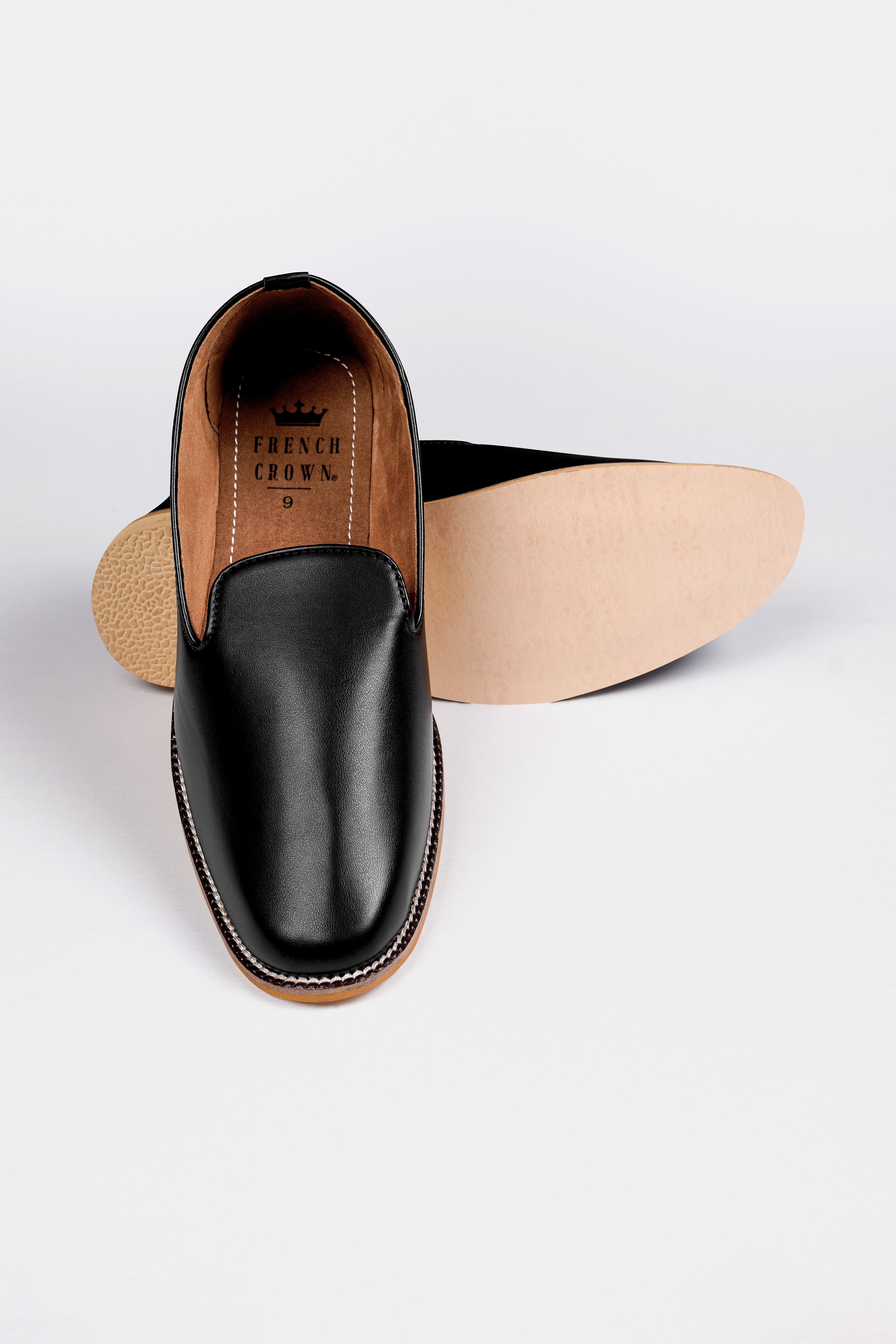 Jade Black Vegan Leather Hand Stitched Mojri Slip-On Shoes FT148-6, FT148-7, FT148-8, FT148-9, FT148-10, FT148-11