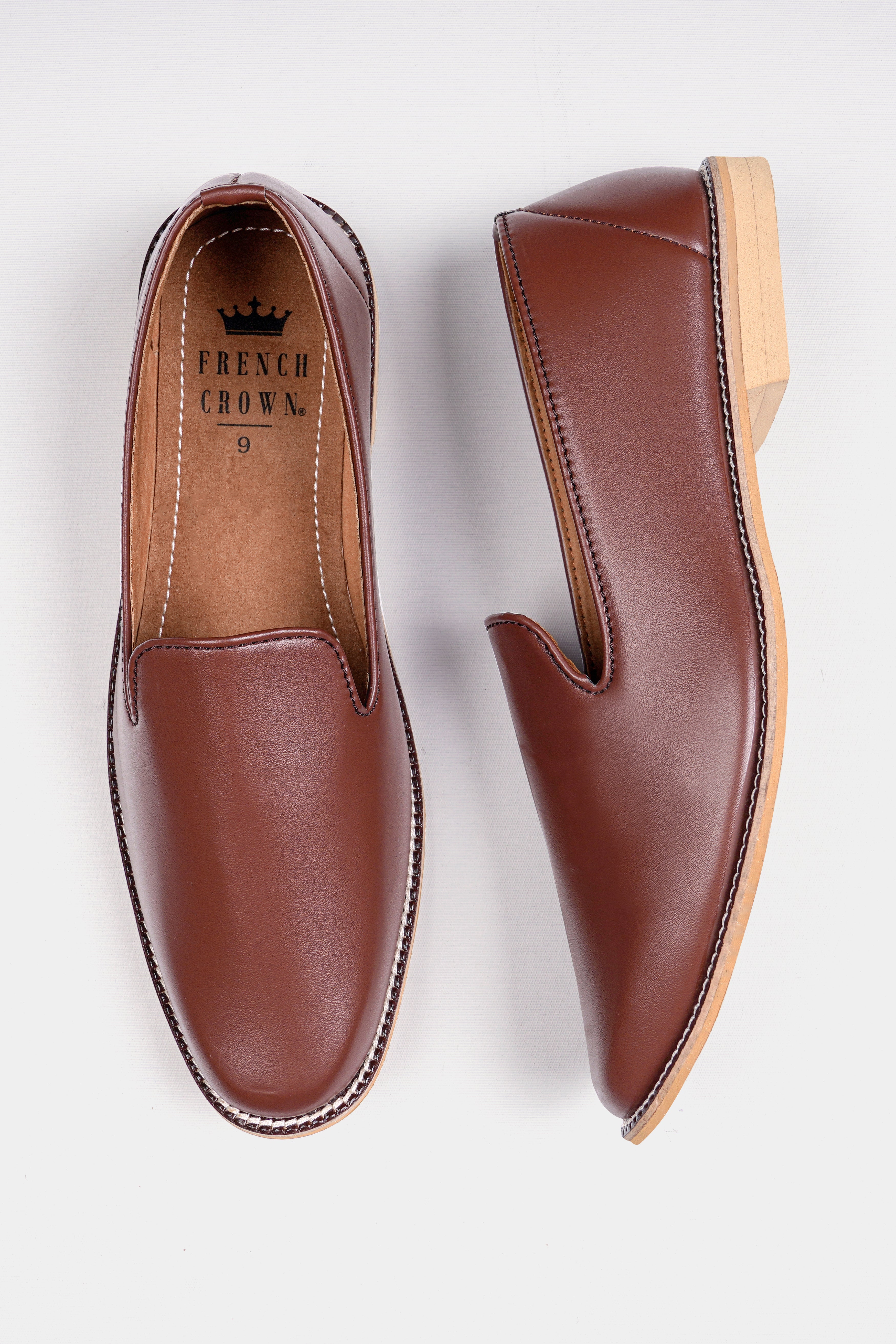 Brown Vegan Leather Hand Stitched Mojri Slip-On Shoes FT150-6, FT150-7, FT150-8, FT150-9, FT150-10, FT150-11
