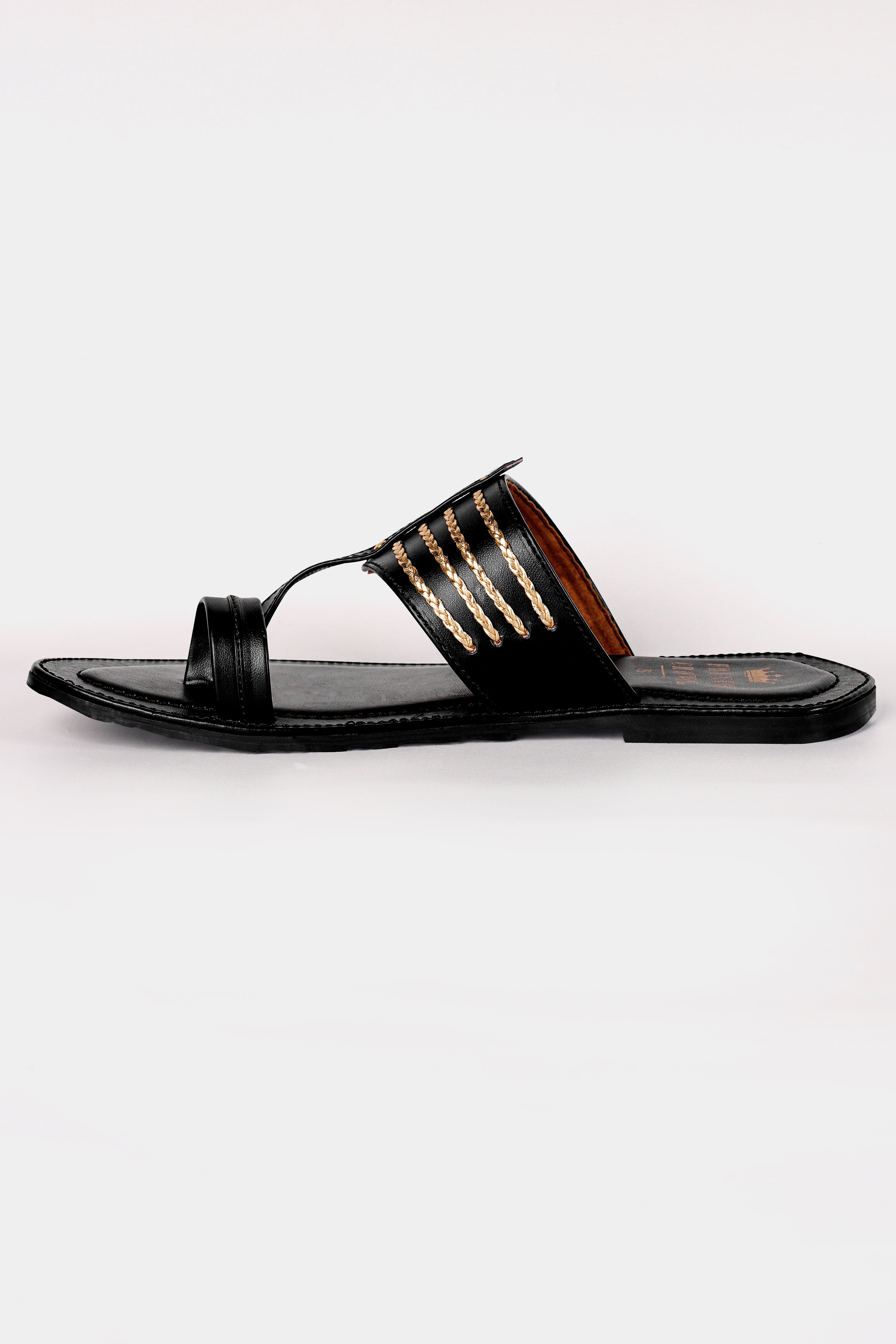 Jade Black with Golden Stitched Vegan Leather Kolhapuri Sandal FT152-6, FT152-7, FT152-8, FT152-9, FT152-10, FT152-11