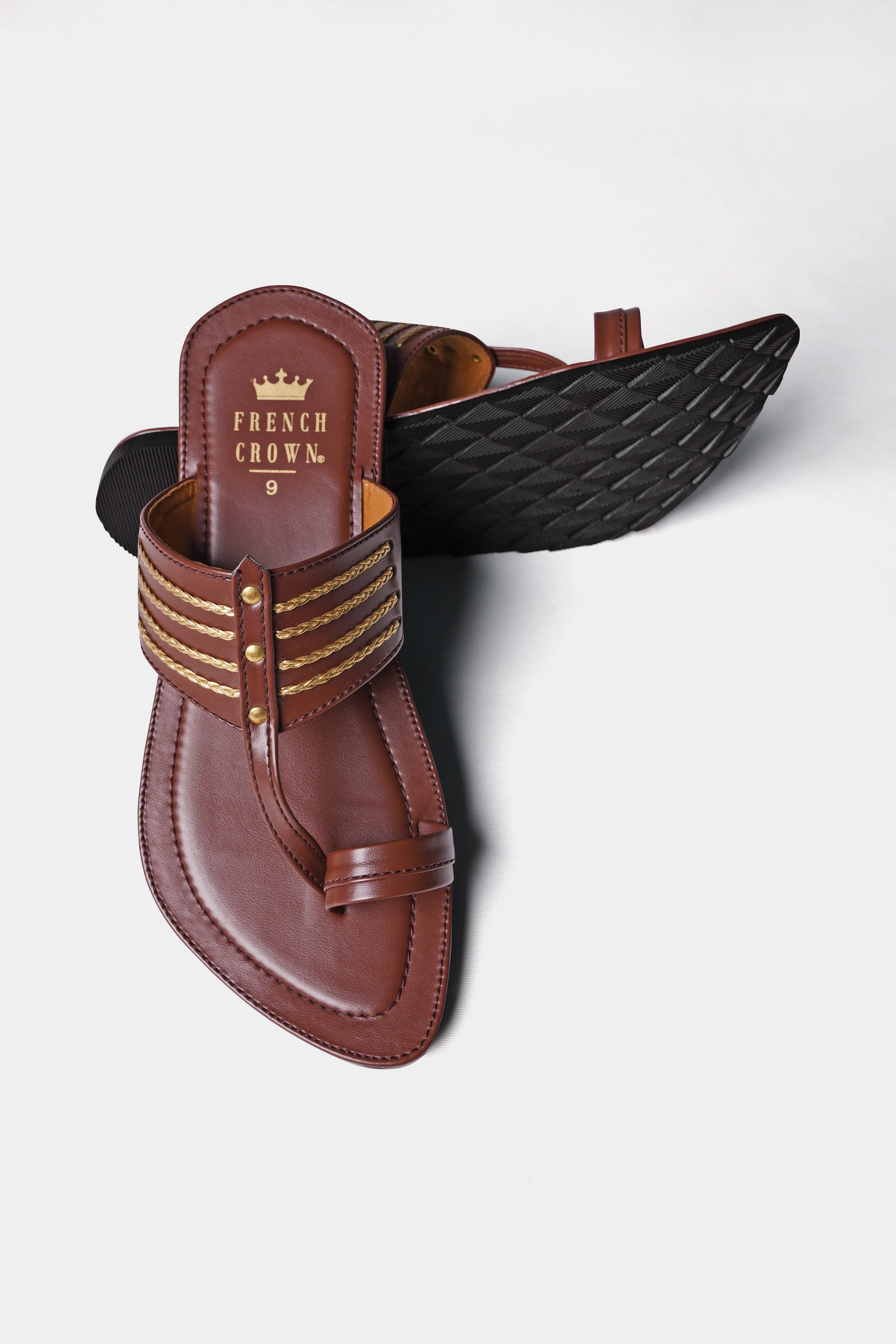 Brown with Golden Stitched Vegan Leather Kolhapuri Sandal FT153-6, FT153-7, FT153-8, FT153-9, FT153-10, FT153-11