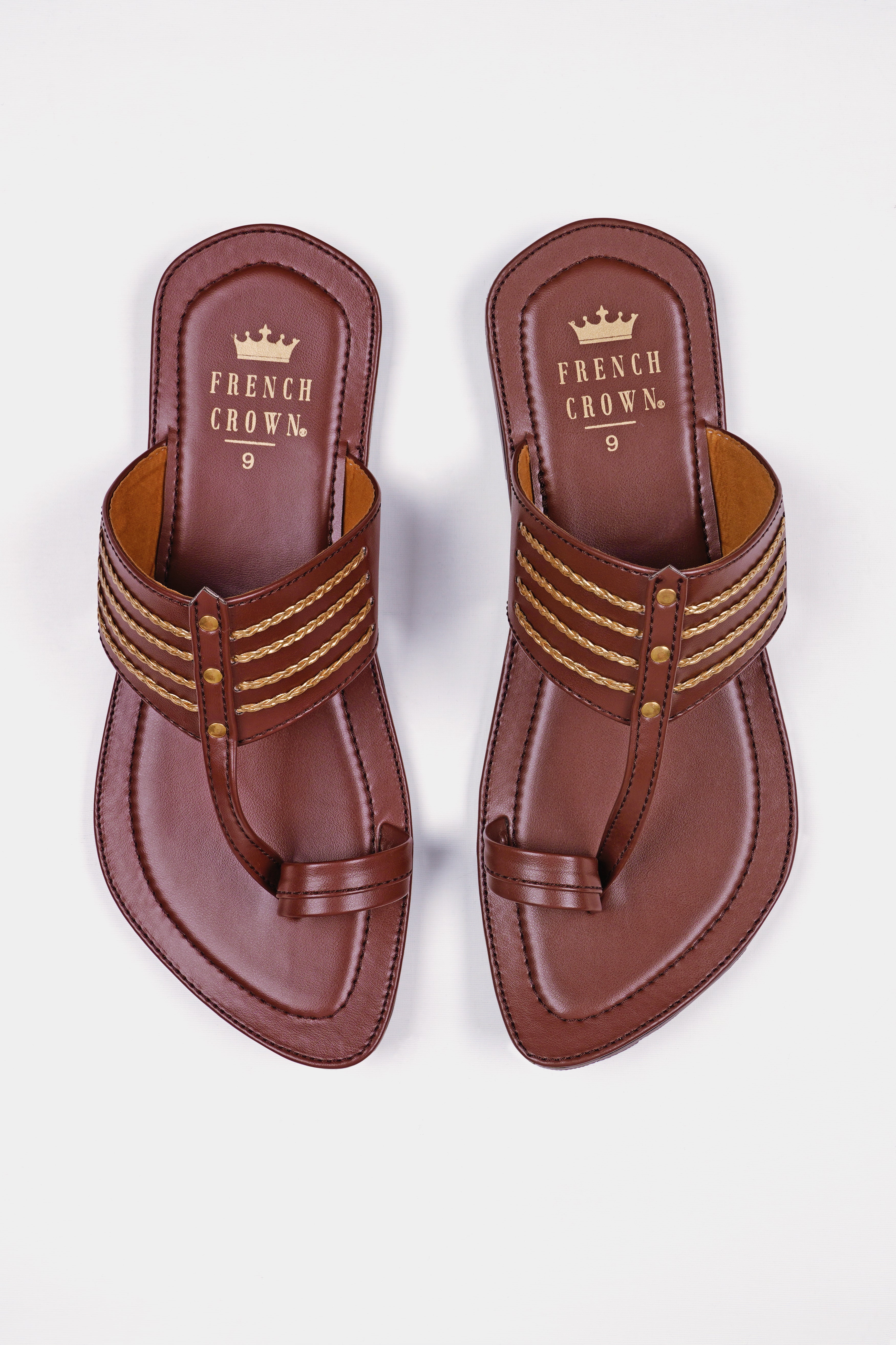 Brown with Golden Stitched Vegan Leather Kolhapuri Sandal FT153-6, FT153-7, FT153-8, FT153-9, FT153-10, FT153-11