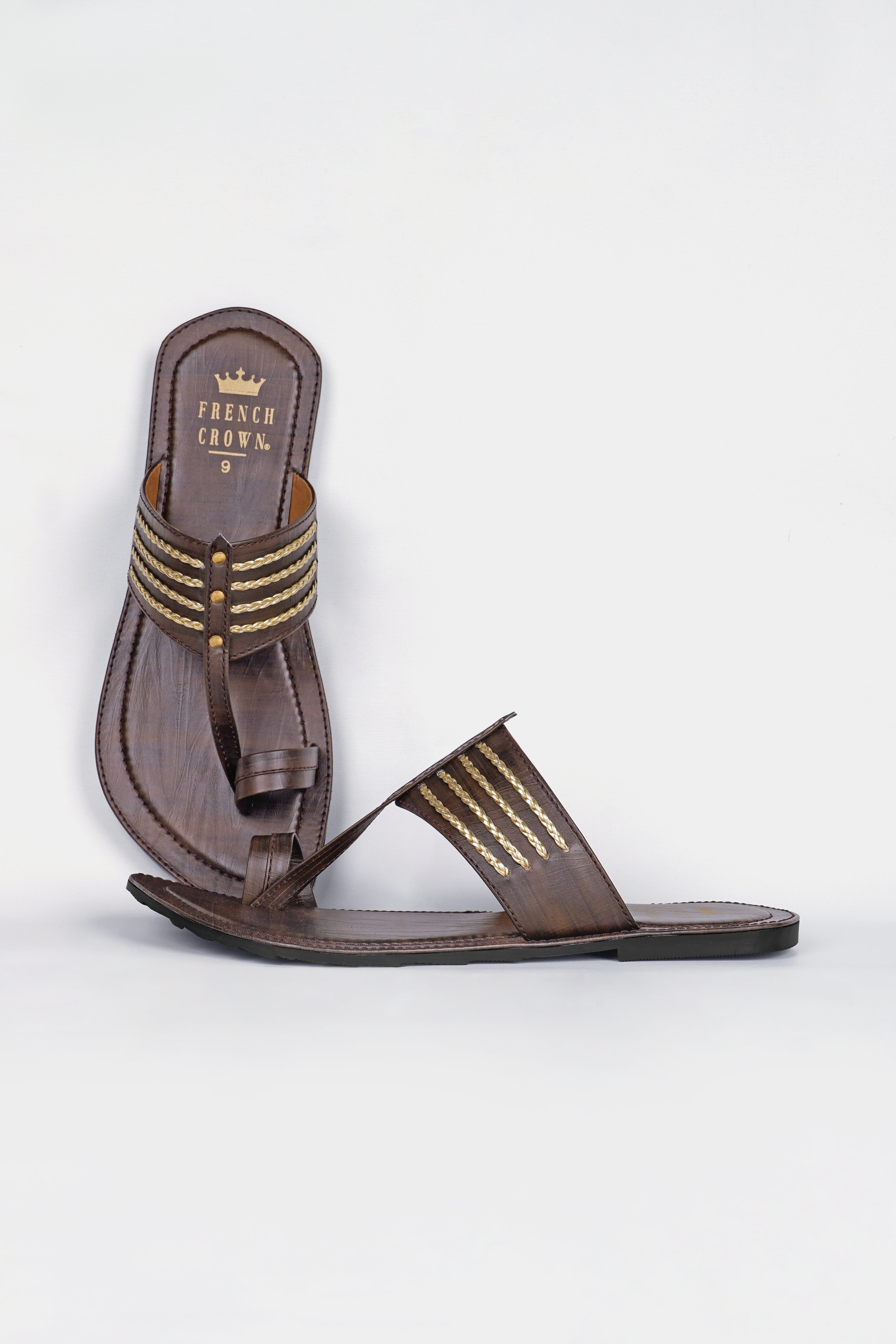 Wood Brown with Golden Stitched Vegan Leather Kolhapuri Sandal FT157-6, FT157-7, FT157-8, FT157-9, FT157-10, FT157-11