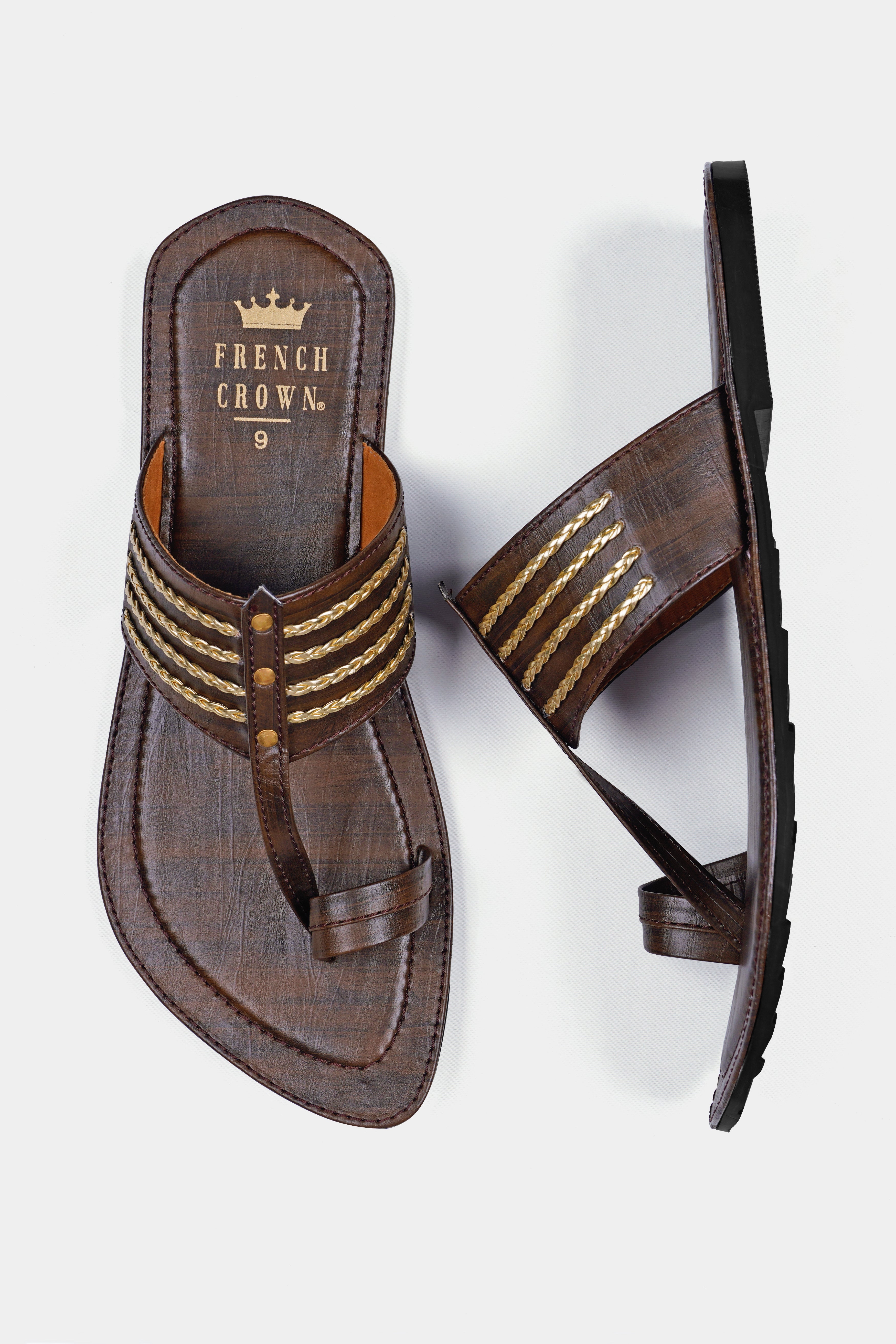 Wood Brown with Golden Stitched Vegan Leather Kolhapuri Sandal FT157-6, FT157-7, FT157-8, FT157-9, FT157-10, FT157-11