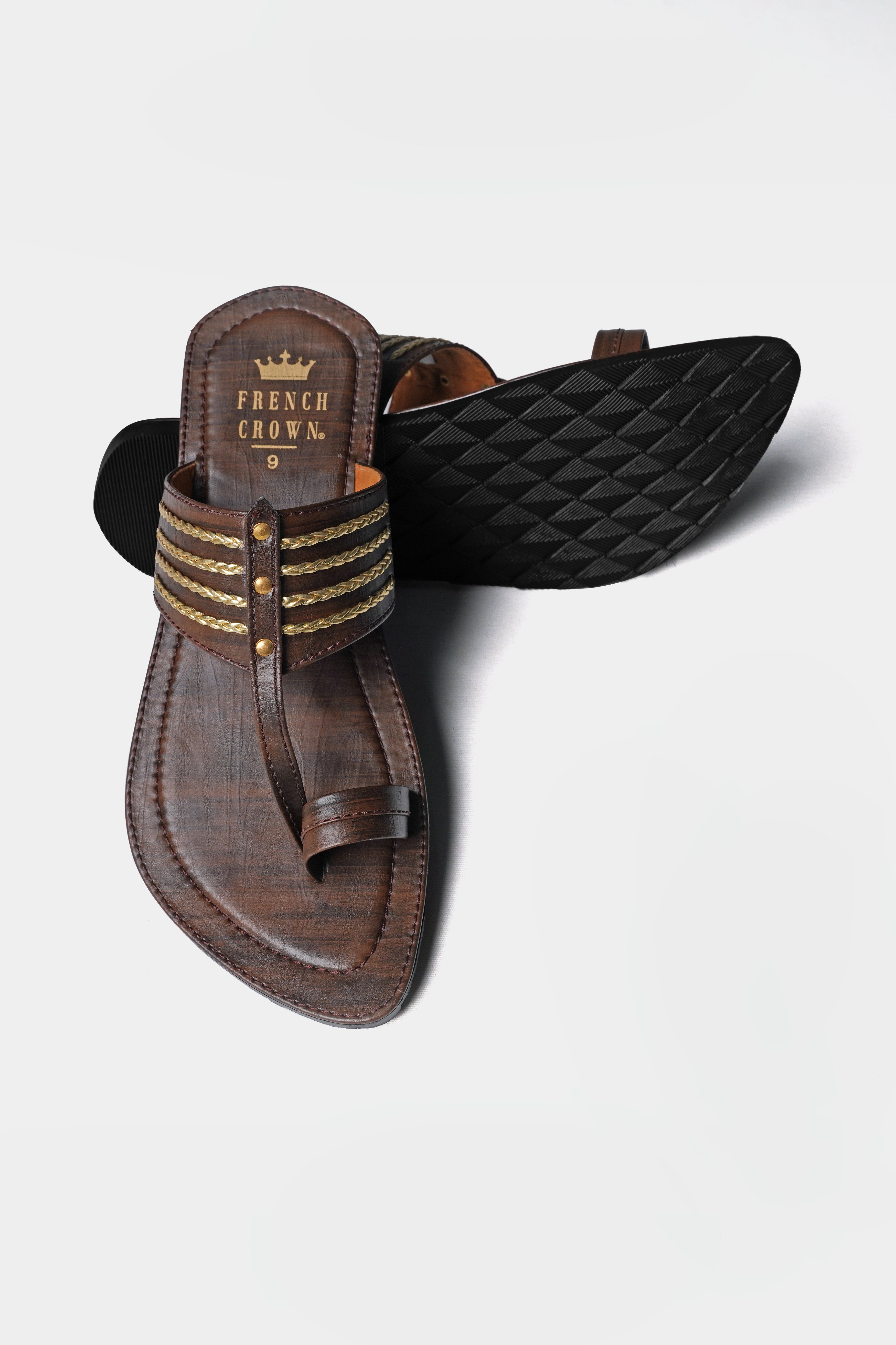 Wood Brown with Golden Stitched Vegan Leather Kolhapuri Sandal FT157-6, FT157-7, FT157-8, FT157-9, FT157-10, FT157-11