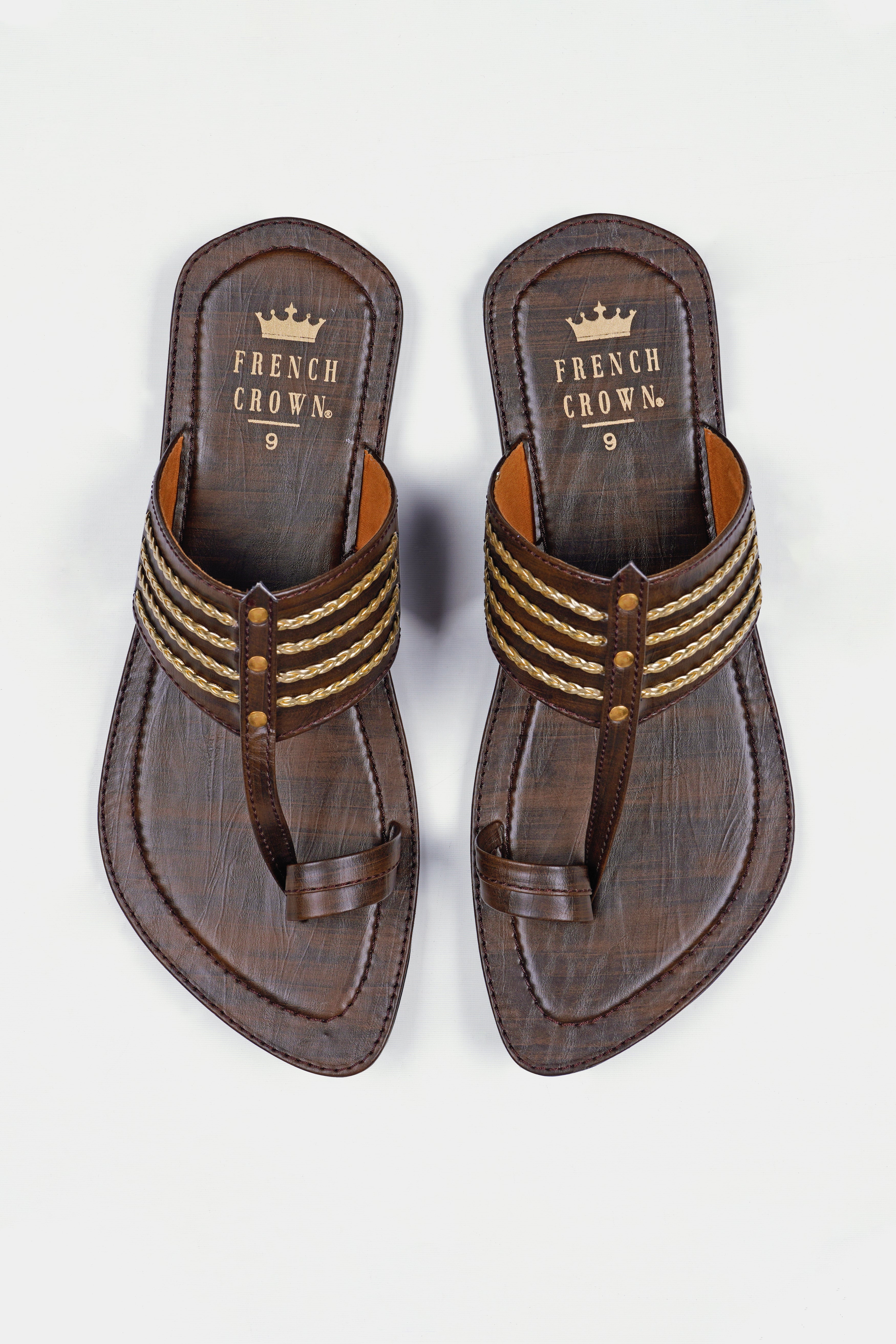 Wood Brown with Golden Stitched Vegan Leather Kolhapuri Sandal FT157-6, FT157-7, FT157-8, FT157-9, FT157-10, FT157-11