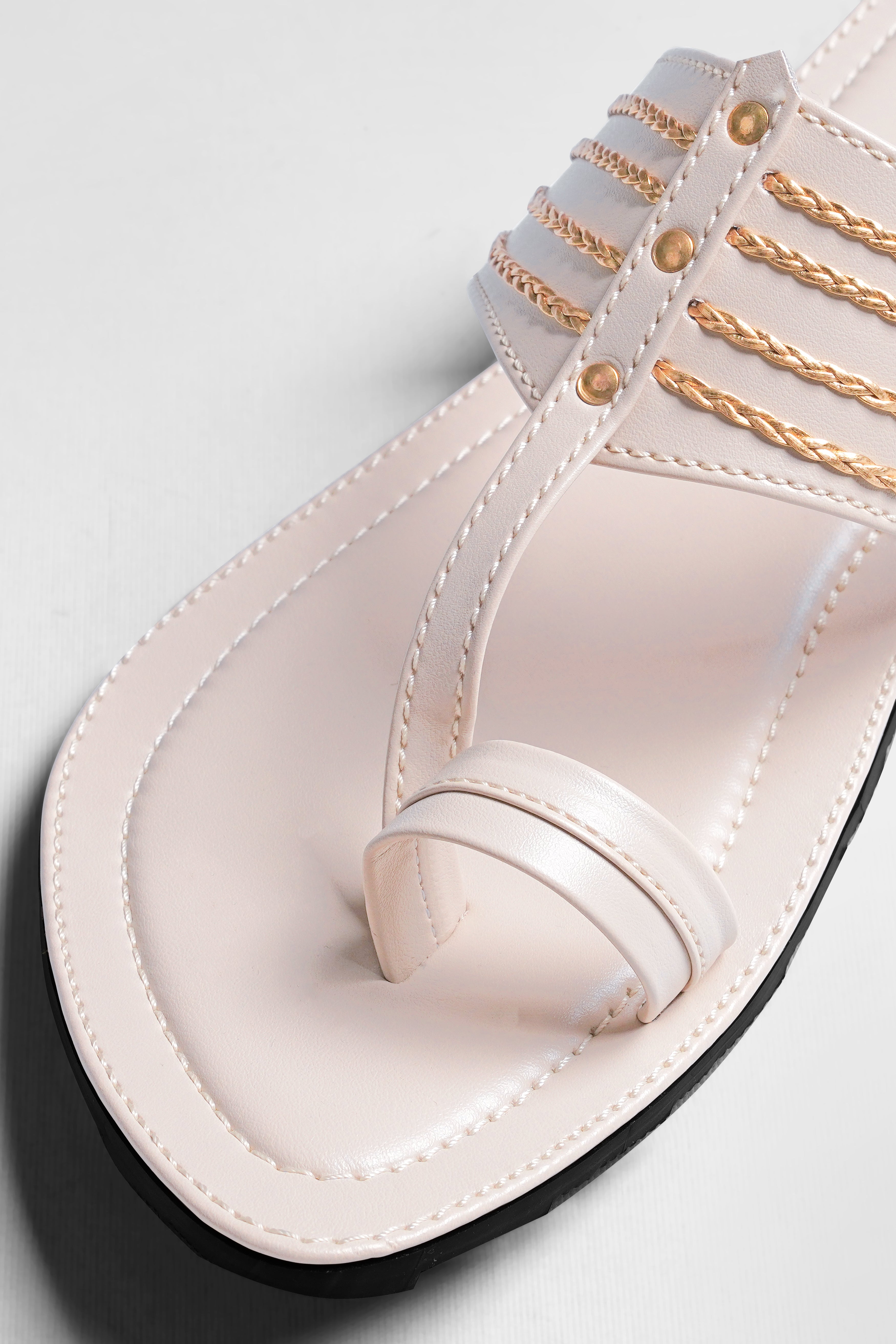 Cream with Golden Stitched Vegan Leather Kolhapuri Sandal FT158-6, FT158-7, FT158-8, FT158-9, FT158-10, FT158-11