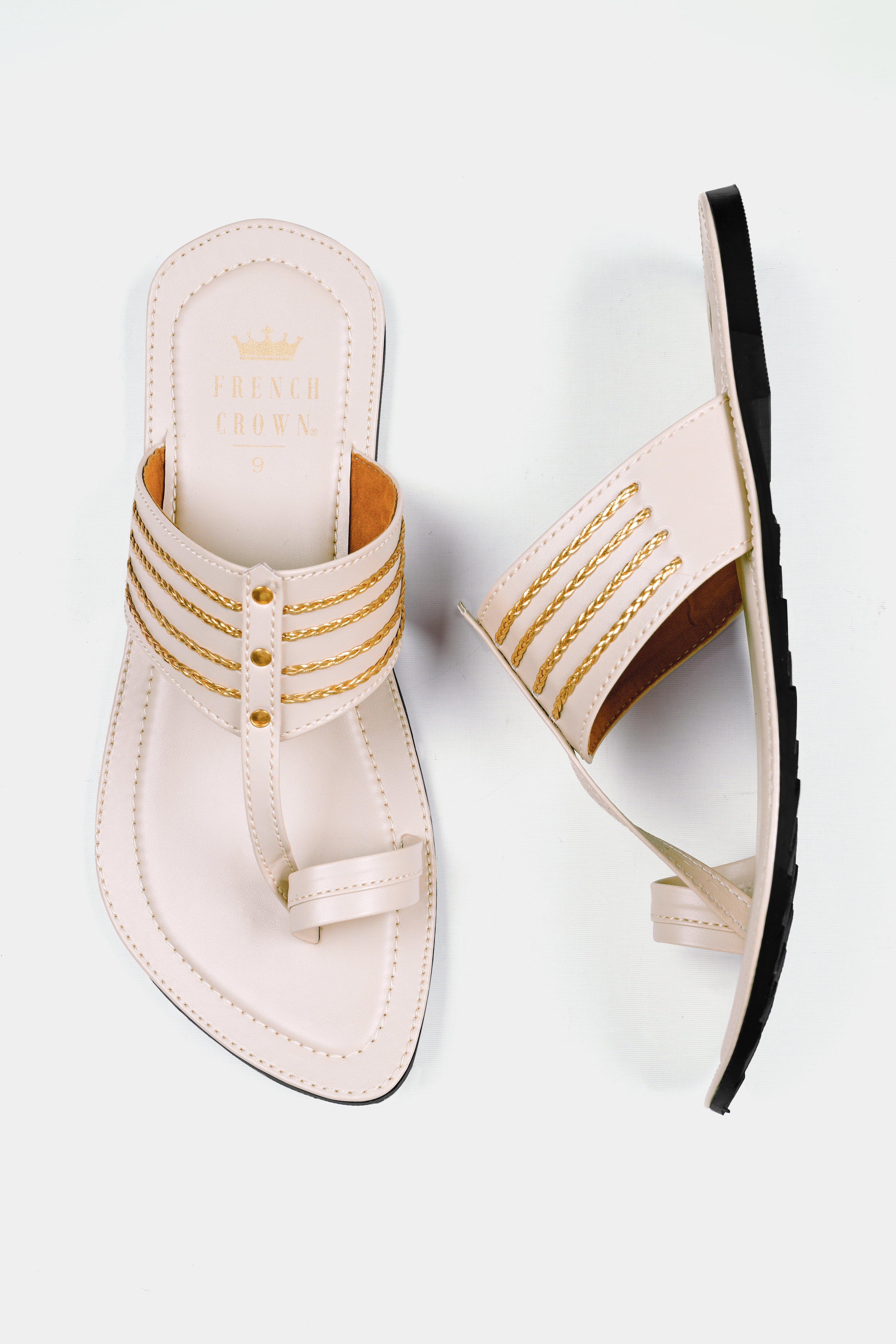Cream with Golden Stitched Vegan Leather Kolhapuri Sandal FT158-6, FT158-7, FT158-8, FT158-9, FT158-10, FT158-11