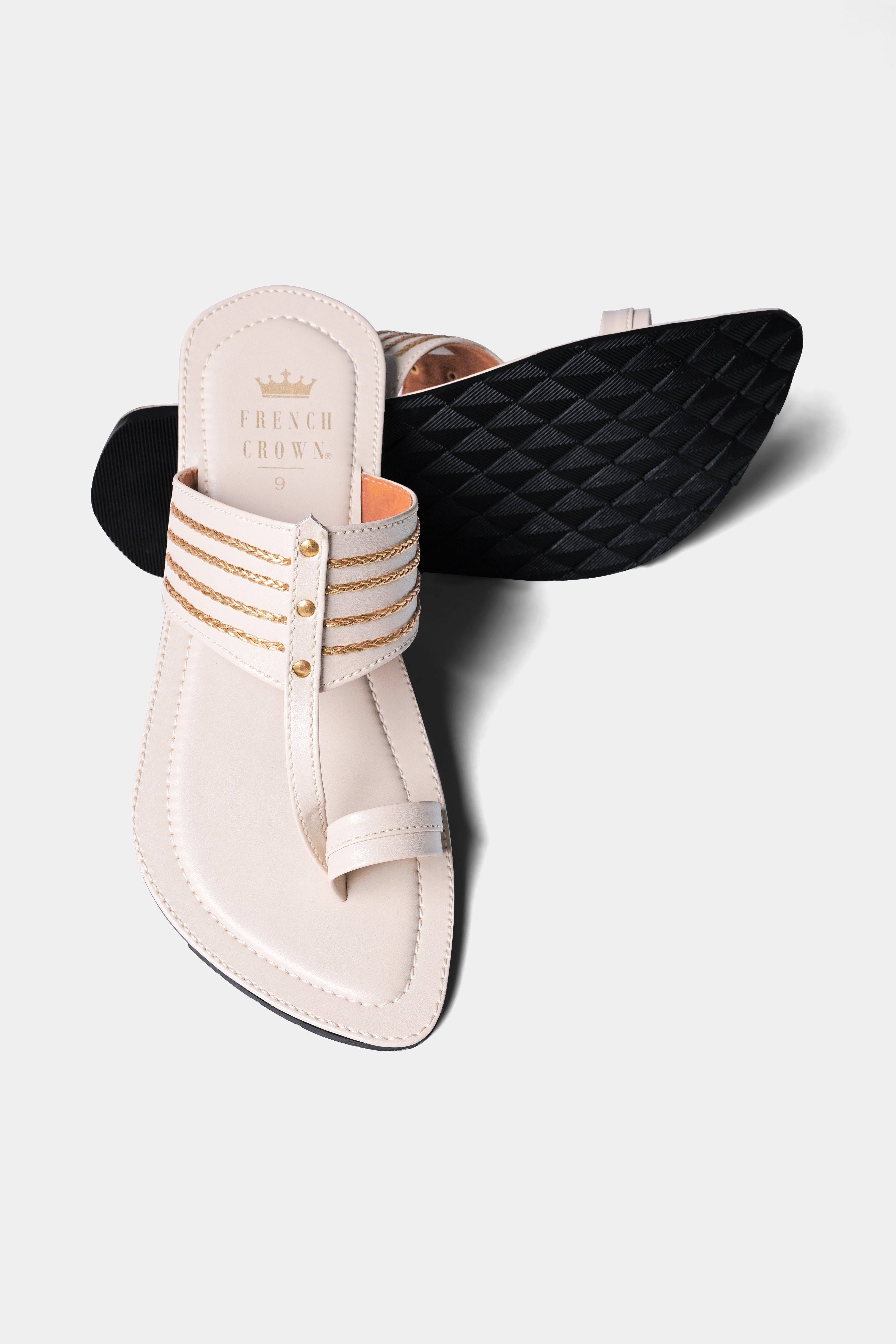 Cream with Golden Stitched Vegan Leather Kolhapuri Sandal FT158-6, FT158-7, FT158-8, FT158-9, FT158-10, FT158-11