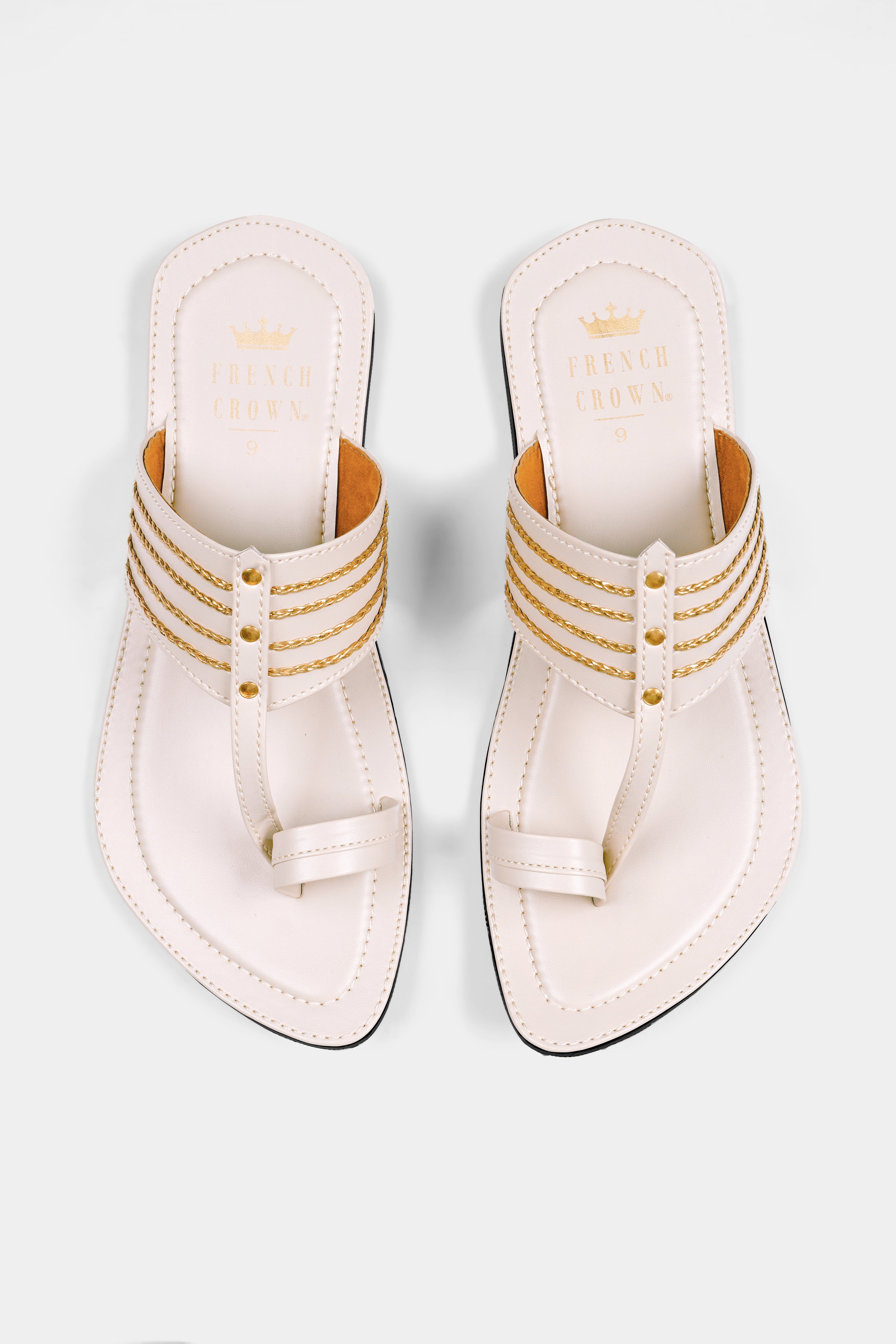 Cream with Golden Stitched Vegan Leather Kolhapuri Sandal FT158-6, FT158-7, FT158-8, FT158-9, FT158-10, FT158-11