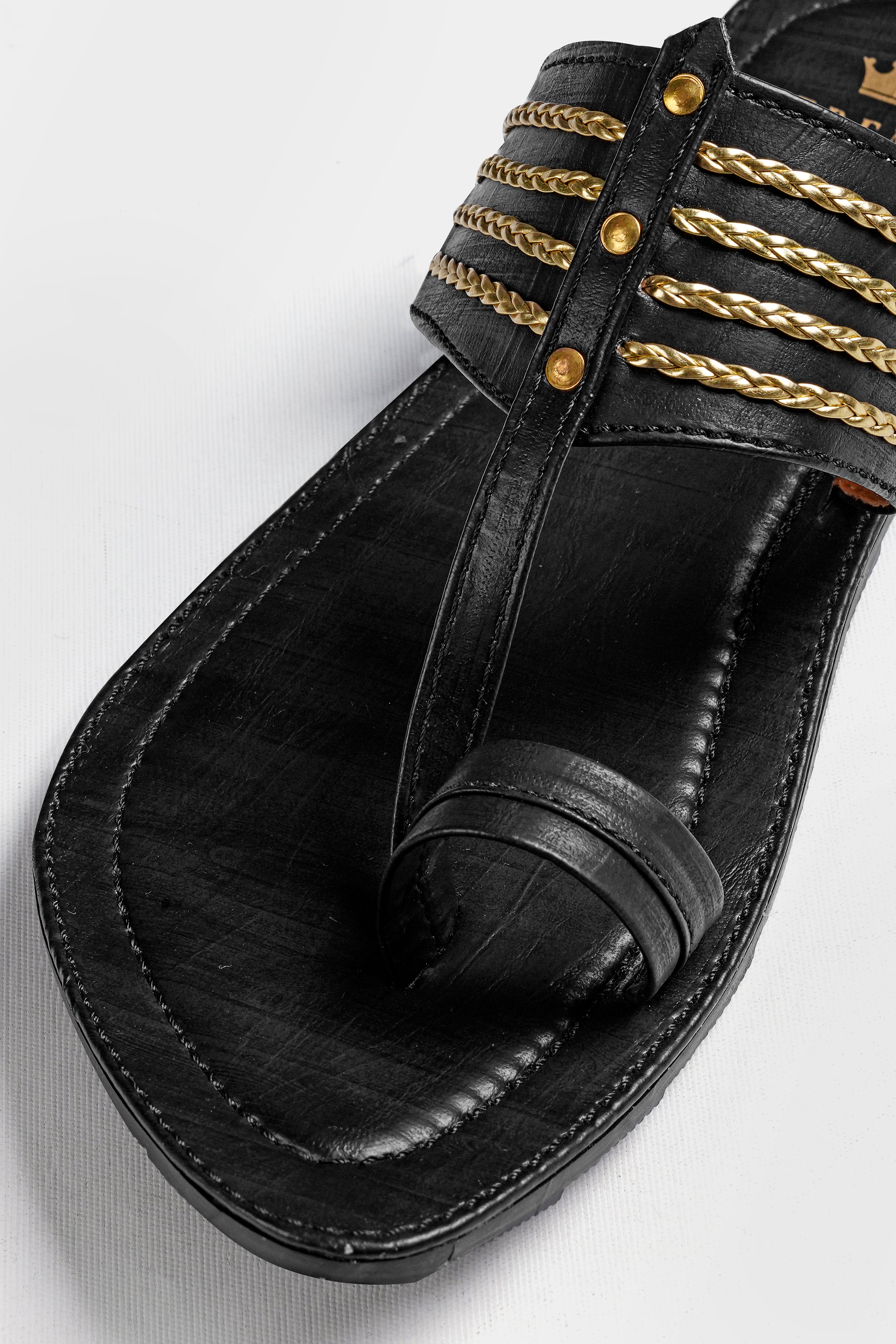 Jade Black with Golden Stitched Vegan Leather Kolhapuri Sandal FT159-6, FT159-7, FT159-8, FT159-9, FT159-10, FT159-11