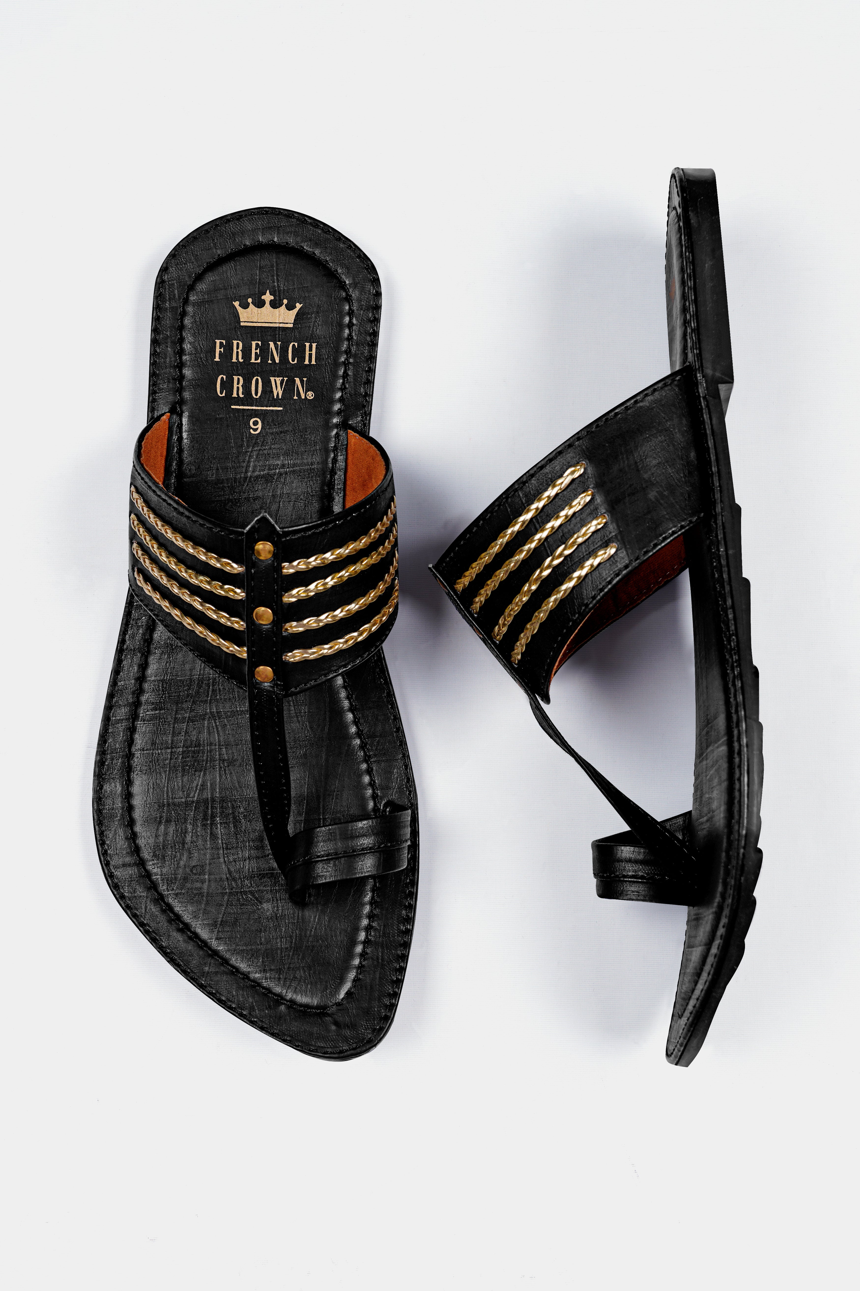 Jade Black with Golden Stitched Vegan Leather Kolhapuri Sandal FT159-6, FT159-7, FT159-8, FT159-9, FT159-10, FT159-11