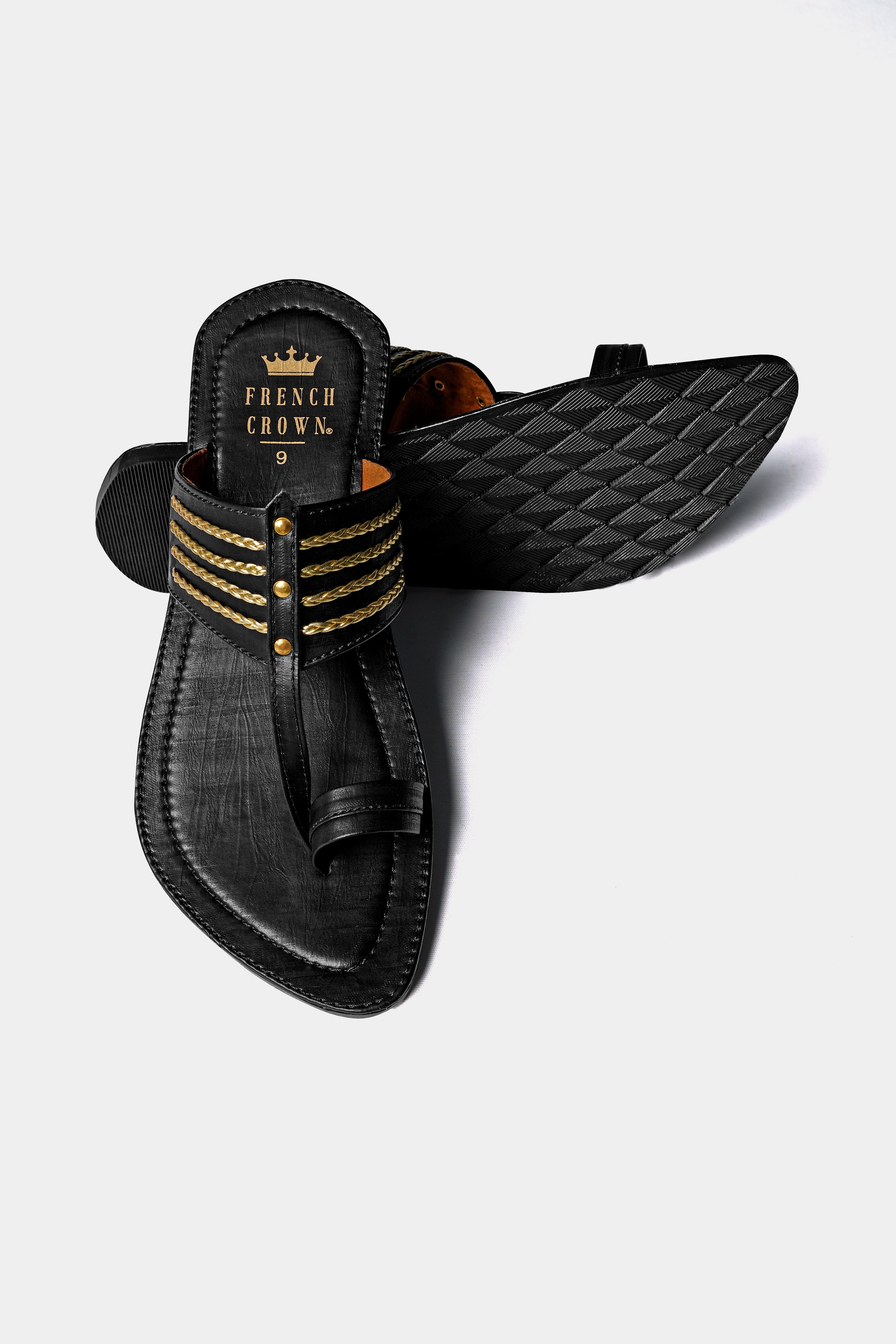 Jade Black with Golden Stitched Vegan Leather Kolhapuri Sandal FT159-6, FT159-7, FT159-8, FT159-9, FT159-10, FT159-11