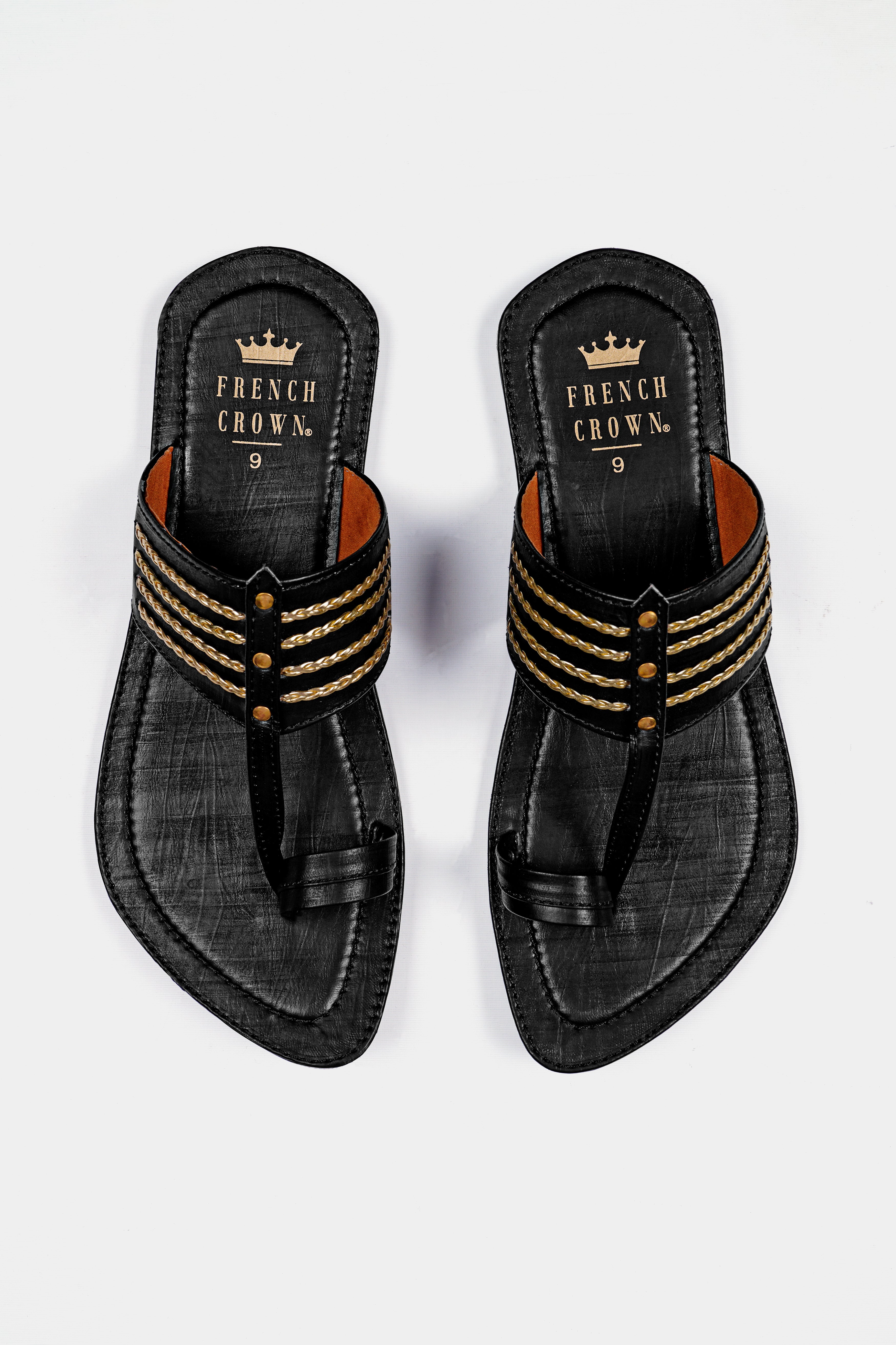 Jade Black with Golden Stitched Vegan Leather Kolhapuri Sandal FT159-6, FT159-7, FT159-8, FT159-9, FT159-10, FT159-11