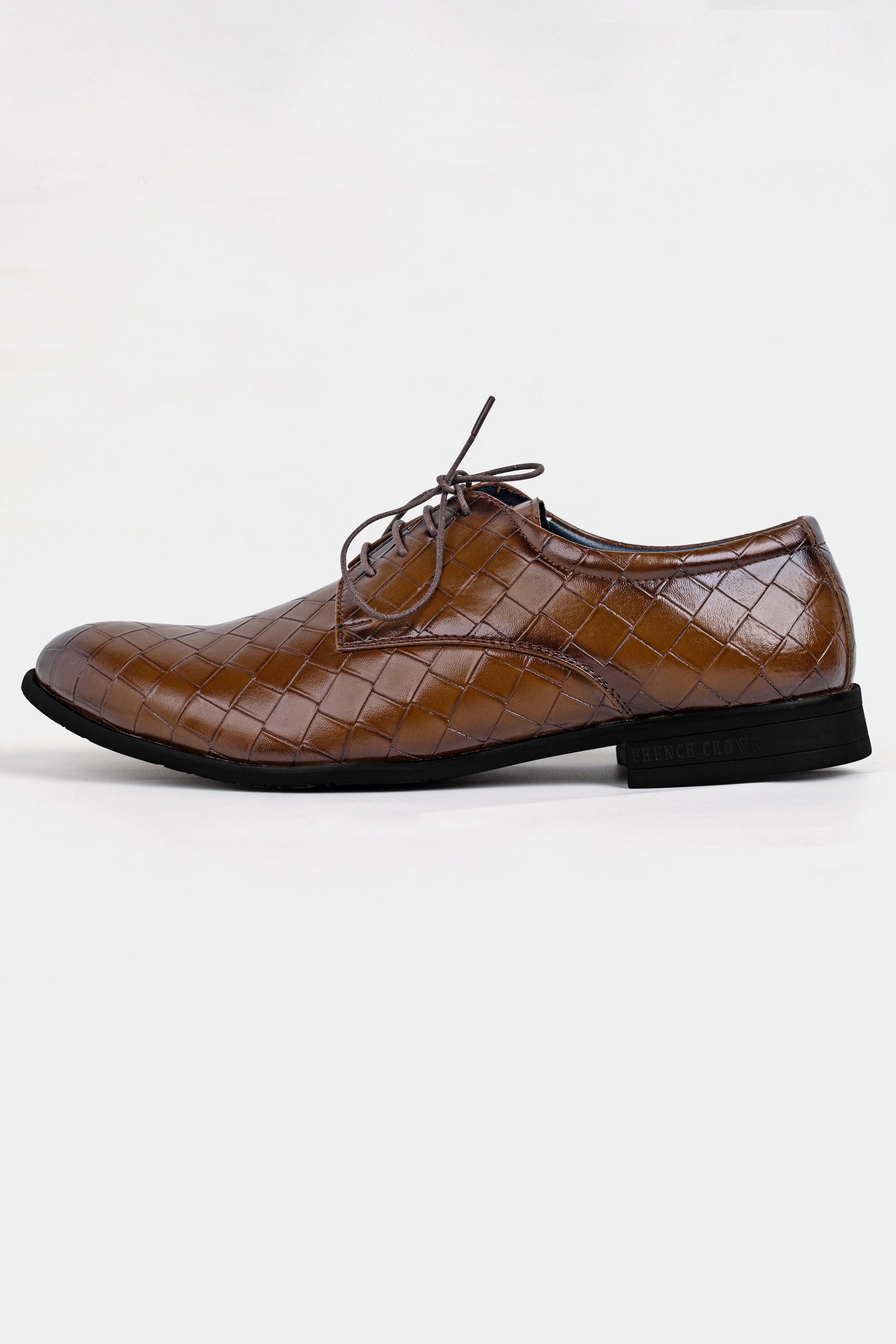 Walnut Brown Weave Textured Vegan Leather Derby Shoes