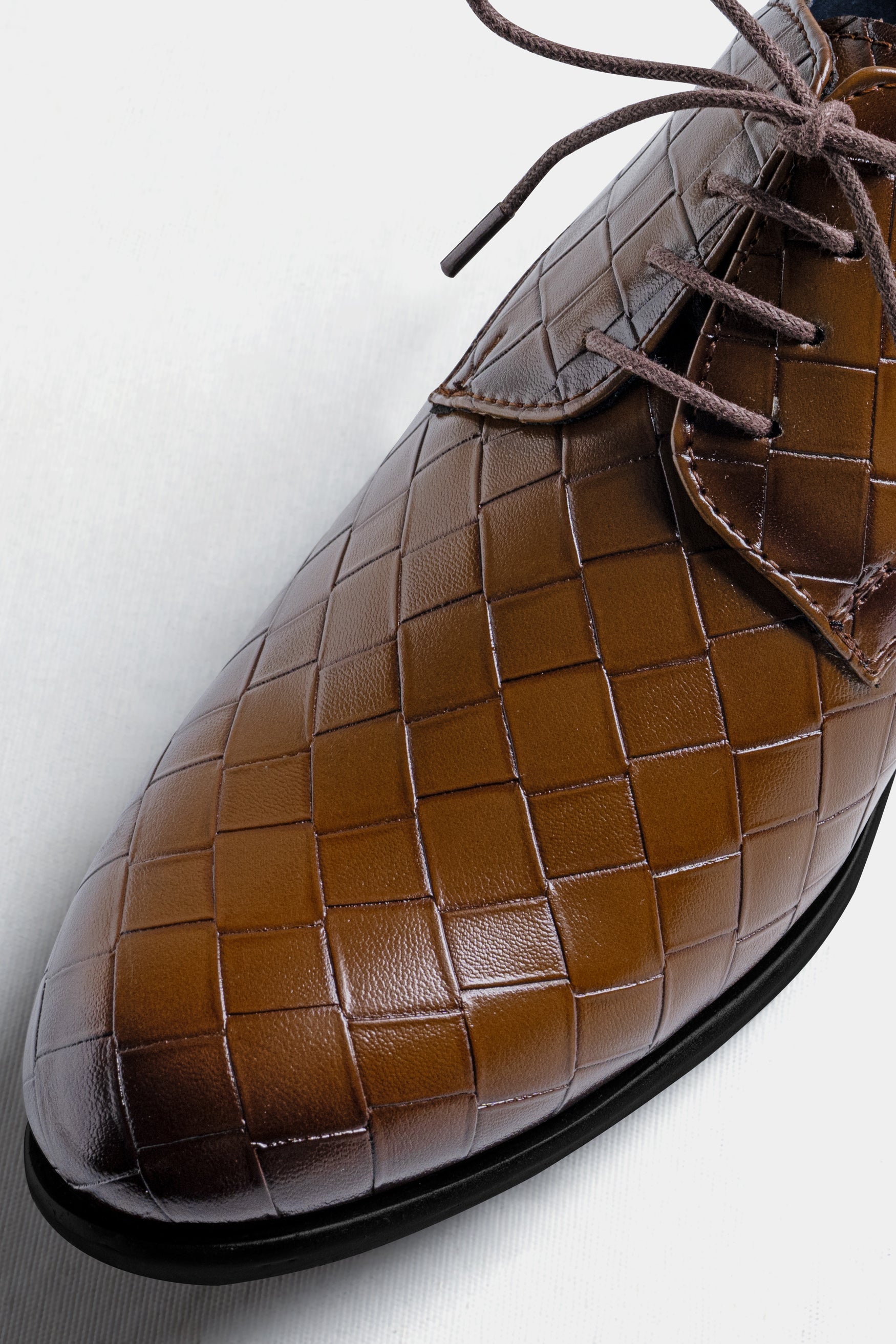 Walnut Brown Weave Textured Vegan Leather Derby Shoes