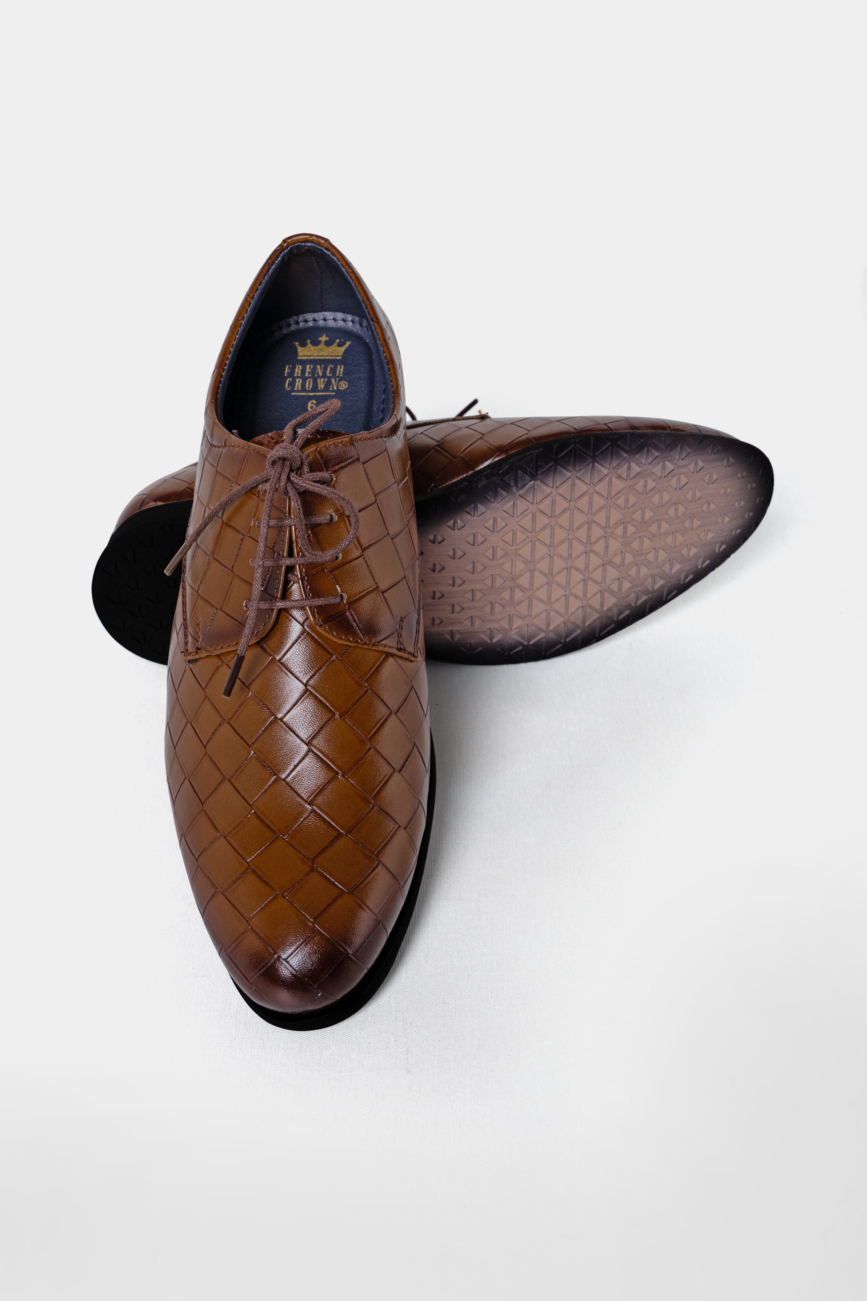 Walnut Brown Weave Textured Vegan Leather Derby Shoes