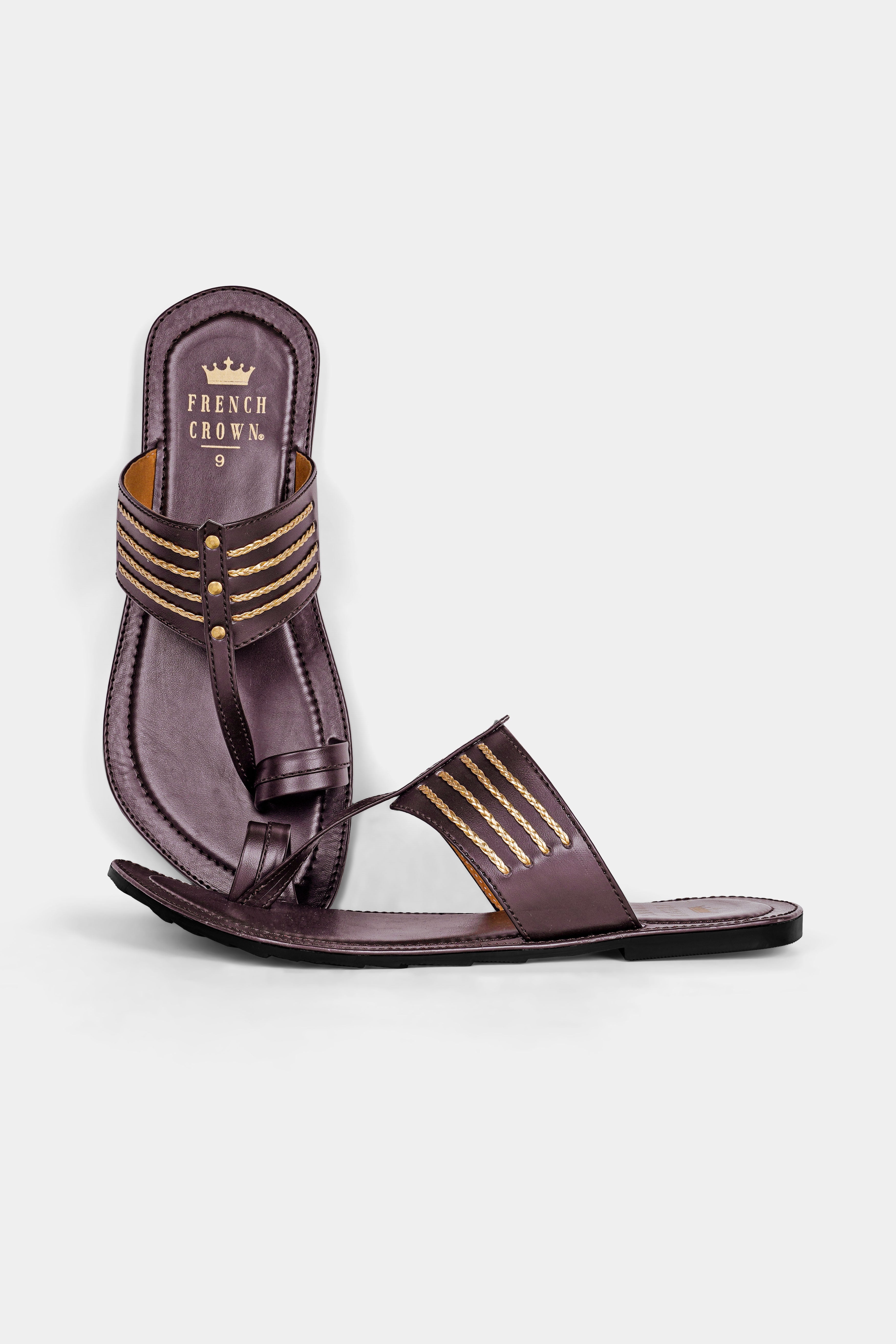 Dark Brown with Golden Stitched Vegan Leather Kolhapuri Sandal FT155-6, FT155-7, FT155-8, FT155-9, FT155-10, FT155-11