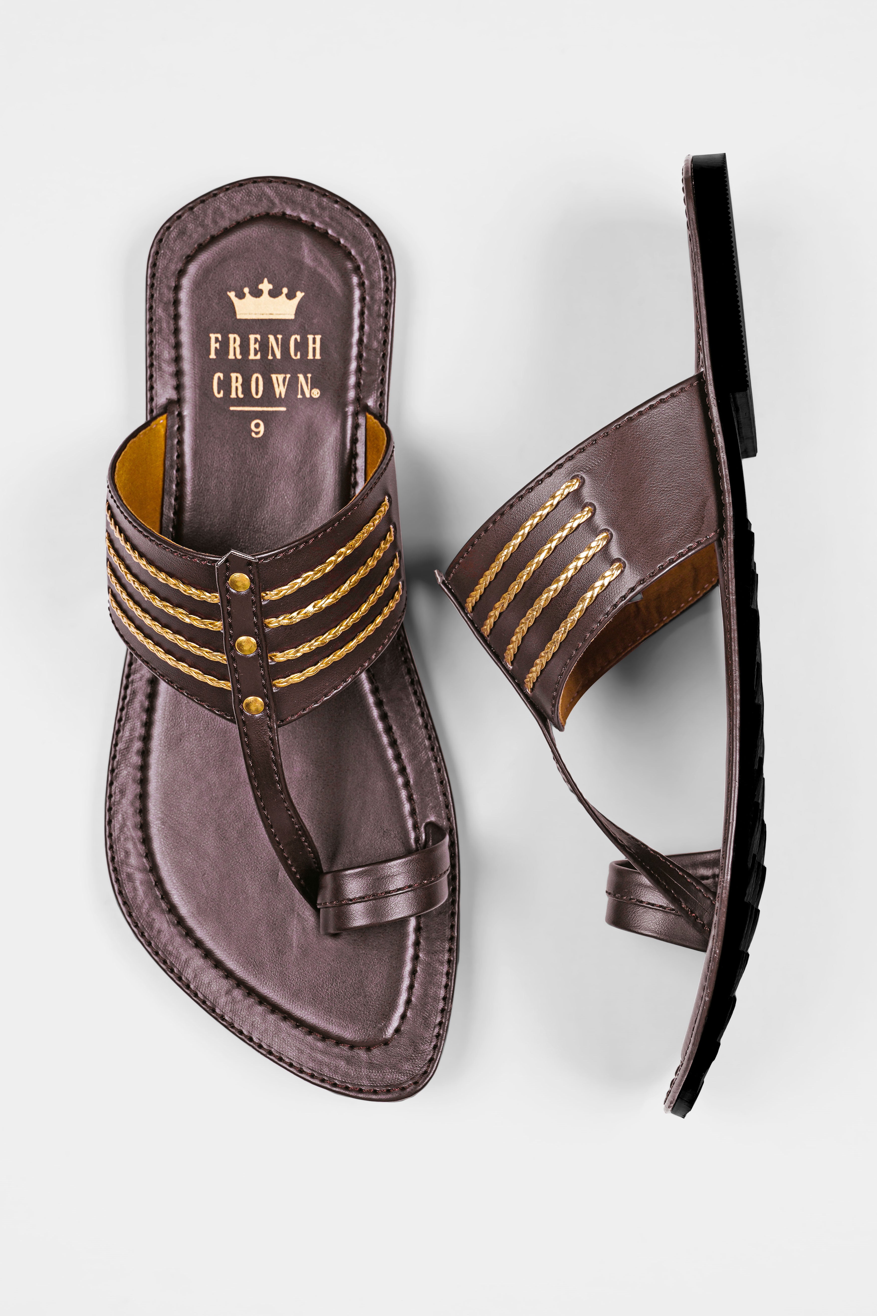 Dark Brown with Golden Stitched Vegan Leather Kolhapuri Sandal FT155-6, FT155-7, FT155-8, FT155-9, FT155-10, FT155-11